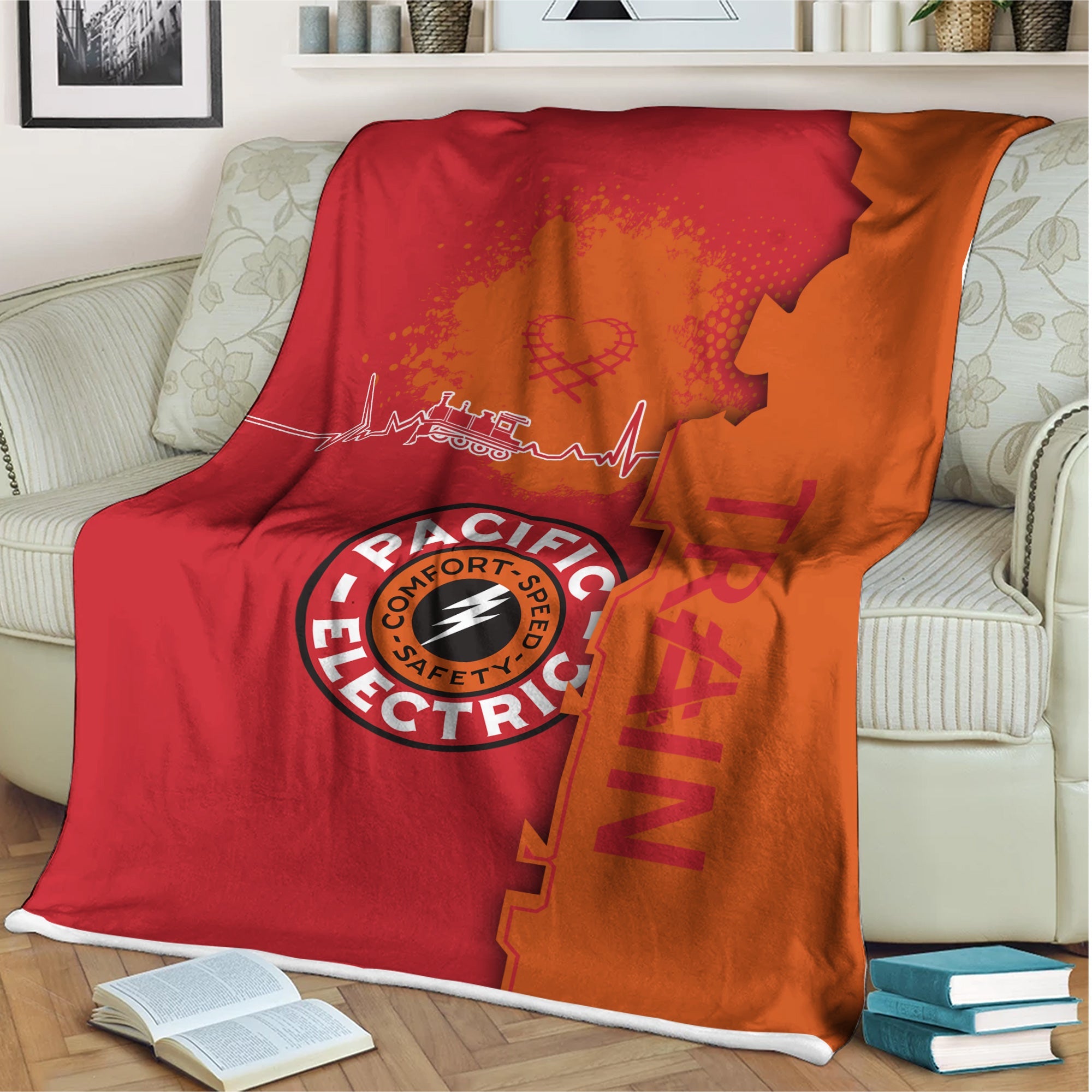 Railspirit Pacific Electric Railroad Blanket Engine Heartbeat and Track Love Style Blanket Gift Idea For Train Lovers