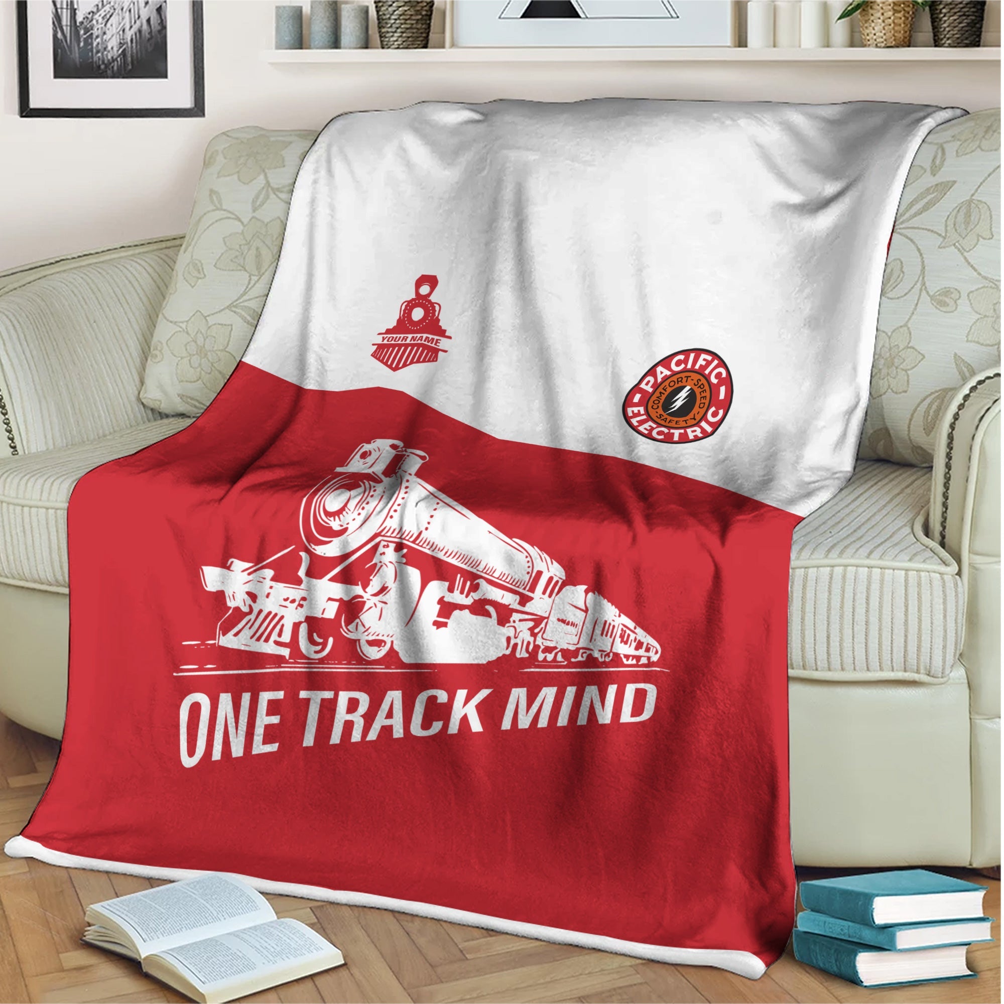 Railspirit Personalized Pacific Electric Railroad Blanket One Track Mind Train Blanket Gift Idea For Train Lover