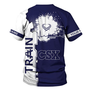 Railspirit Personalized CSX Transportation Railroad T-Shirt Engine Heartbeat and Track Love Style Shirt Gift Idea For Train Lovers