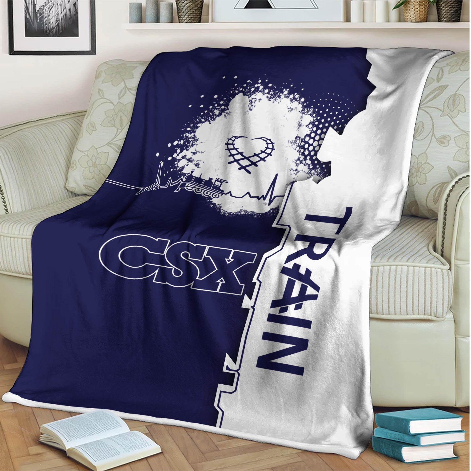 Railspirit CSX Transportation Railroad Blanket Engine Heartbeat and Track Love Style Blanket Gift Idea For Train Lovers