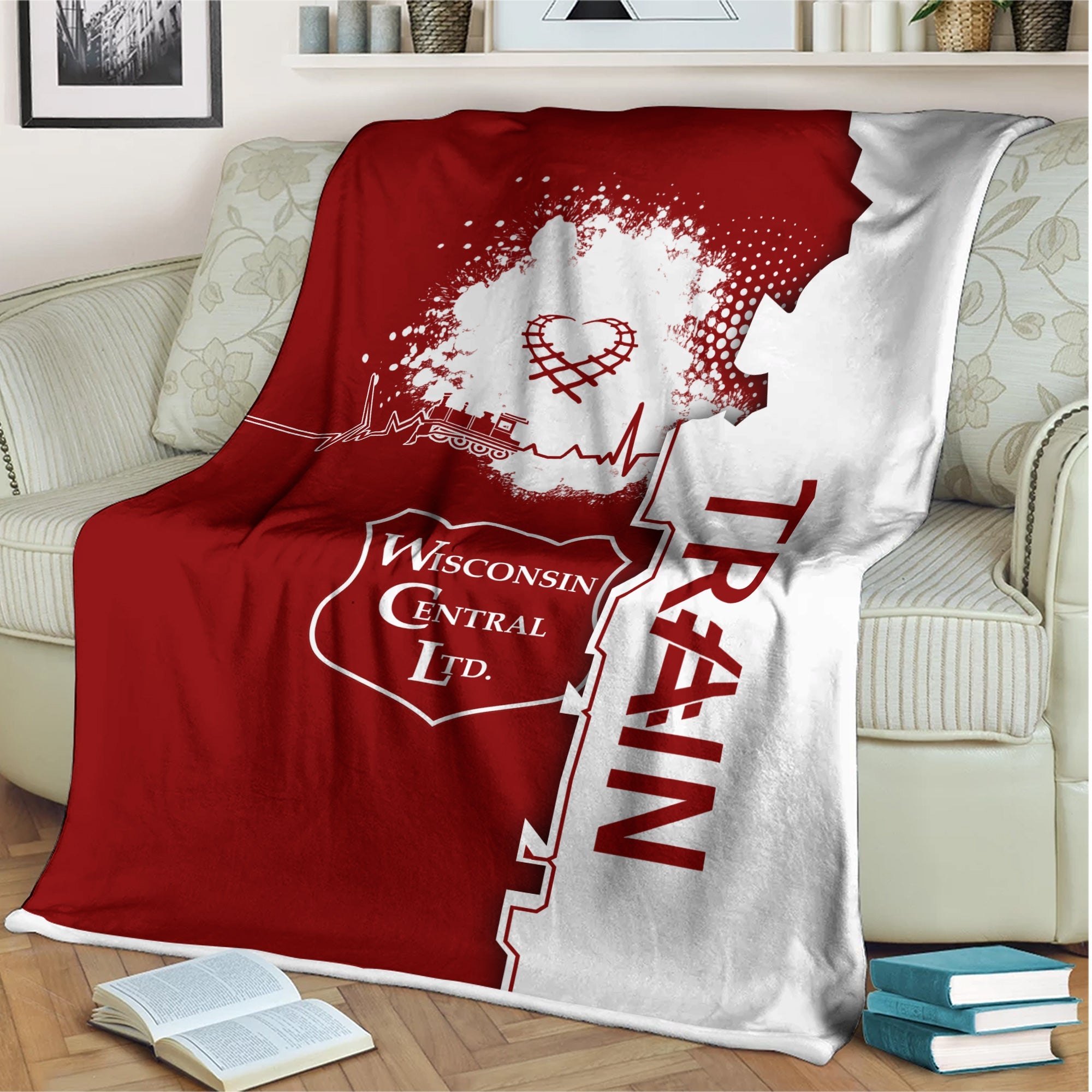 Railspirit Wisconsin Central Ltd Railroad Blanket Engine Heartbeat and Track Love Style Blanket Gift Idea For Train Lovers