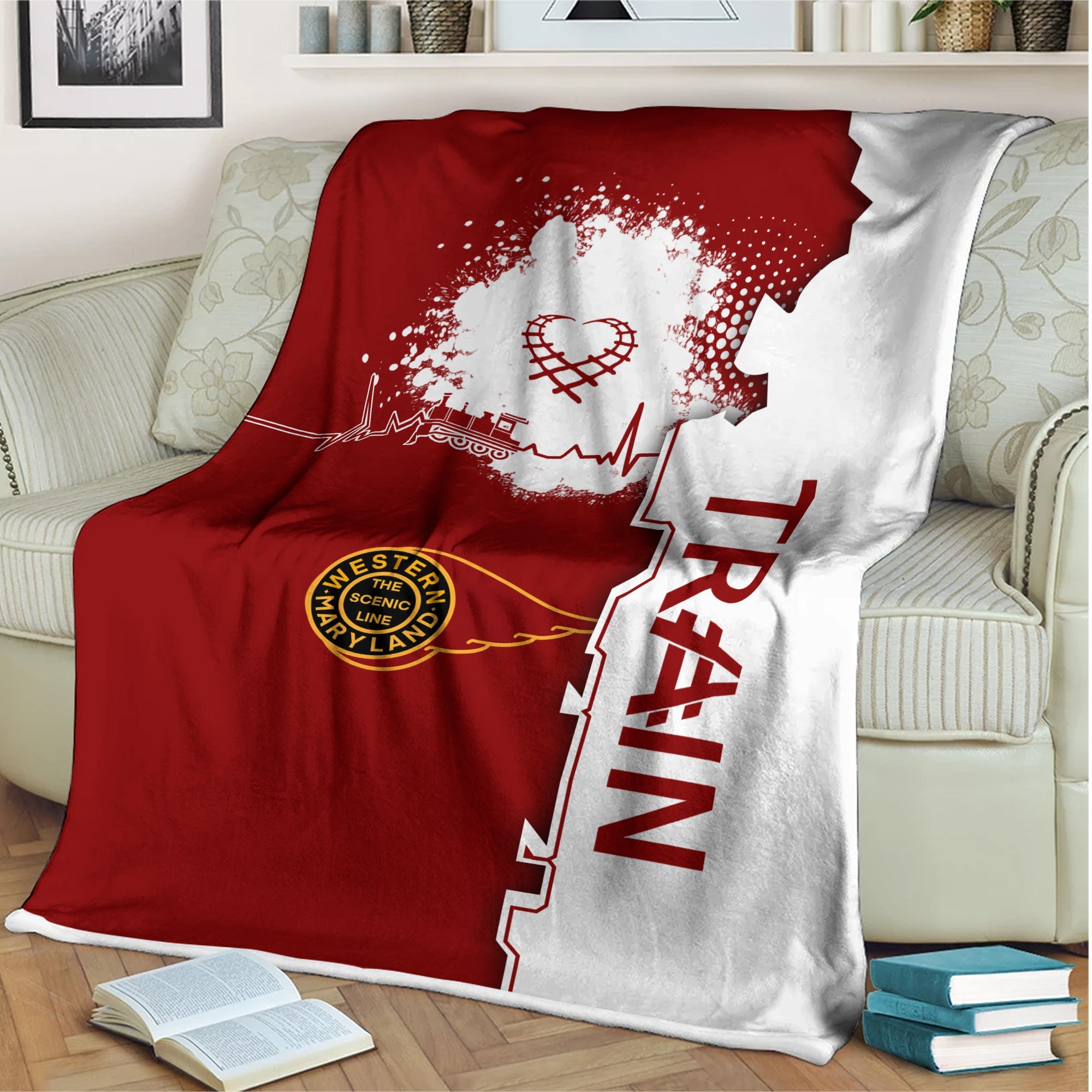 Railspirit Western Maryland Railway Blanket Engine Heartbeat and Track Love Style Blanket Gift Idea For Train Lovers