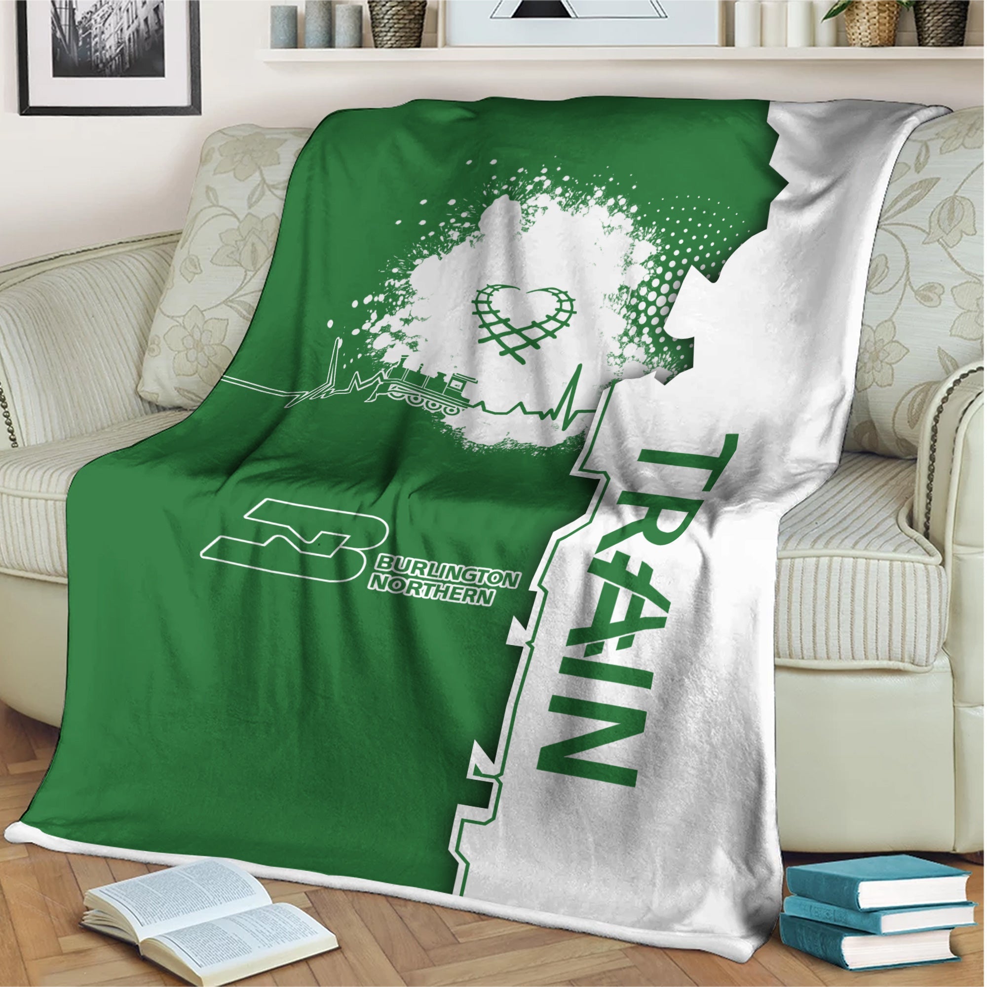 Railspirit Burlington Northern Railroad Blanket Engine Heartbeat and Track Love Style Blanket Gift Idea For Train Lovers