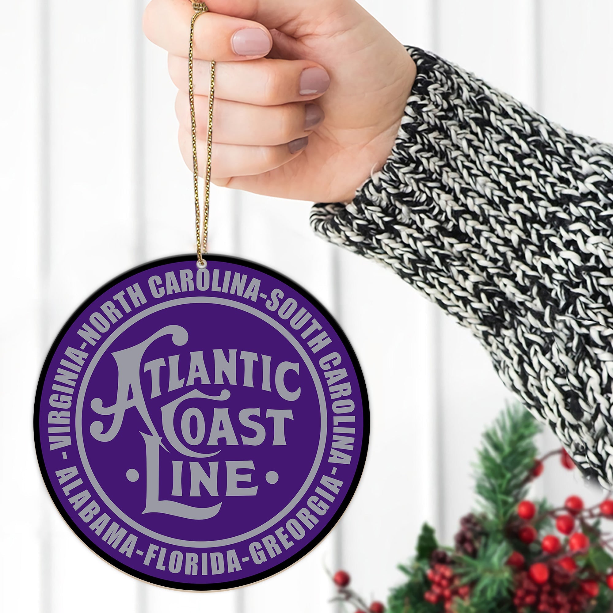 Atlantic Coast Line Ornament, Vintage Train Logo Round Christmas Tree Decoration, Retro Railway Gift for Collectors