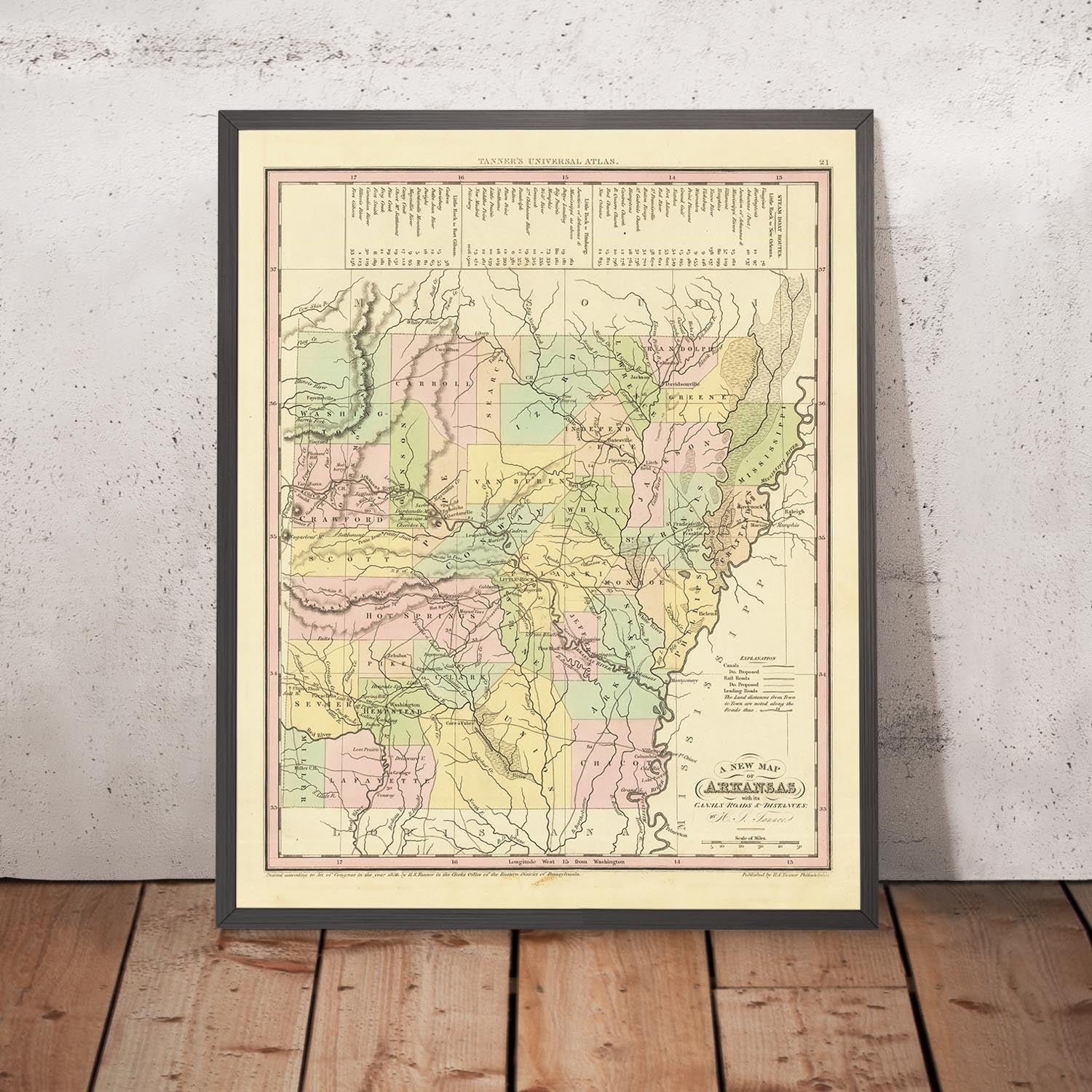 Old Map of Arkansas by H. S. Tanner, 1836: Little Rock, Fort Smith, Pine Bluff, Batesville, Washington, Roads, Railway, Canals