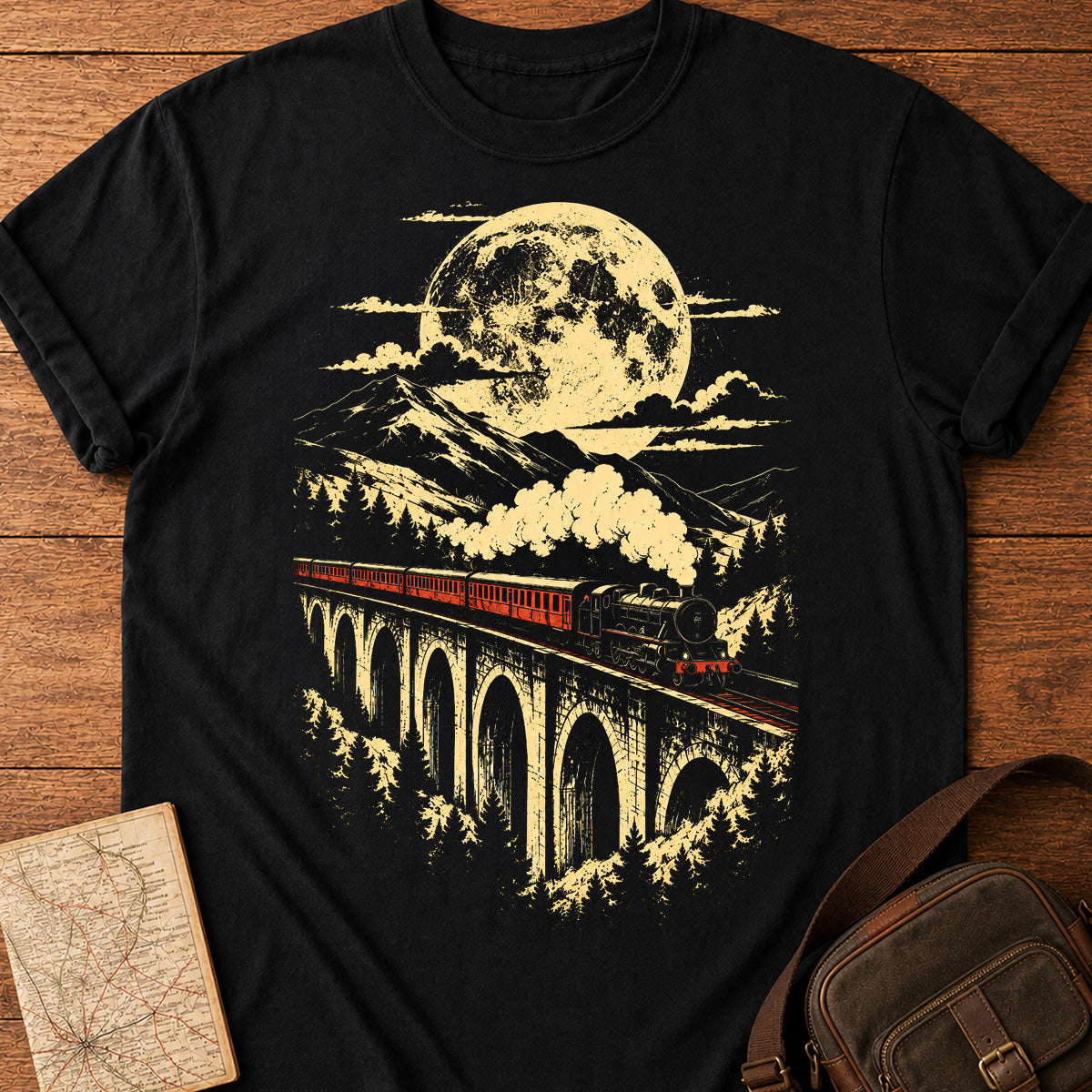 Golden Moonlight Red Train Silhouette T-shirt