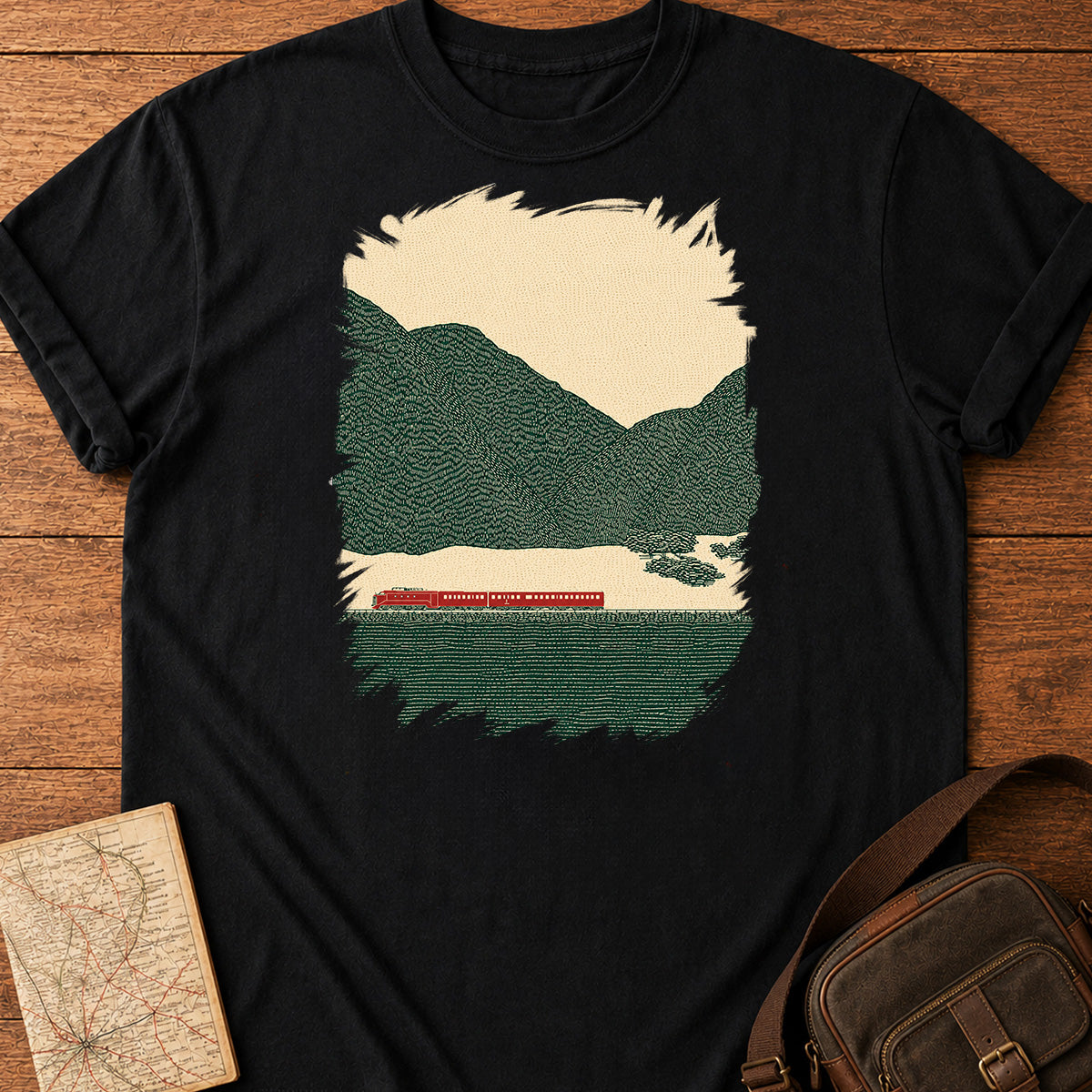 Lino Style Mountain Landscape Train T-shirt