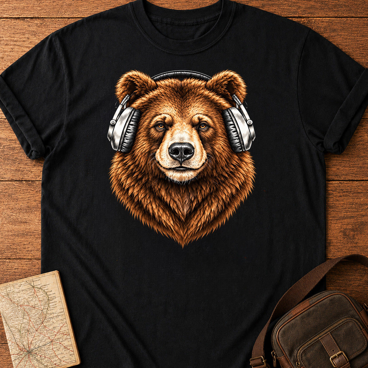 Brown Bear Wearing Headphones On Train T-shirt