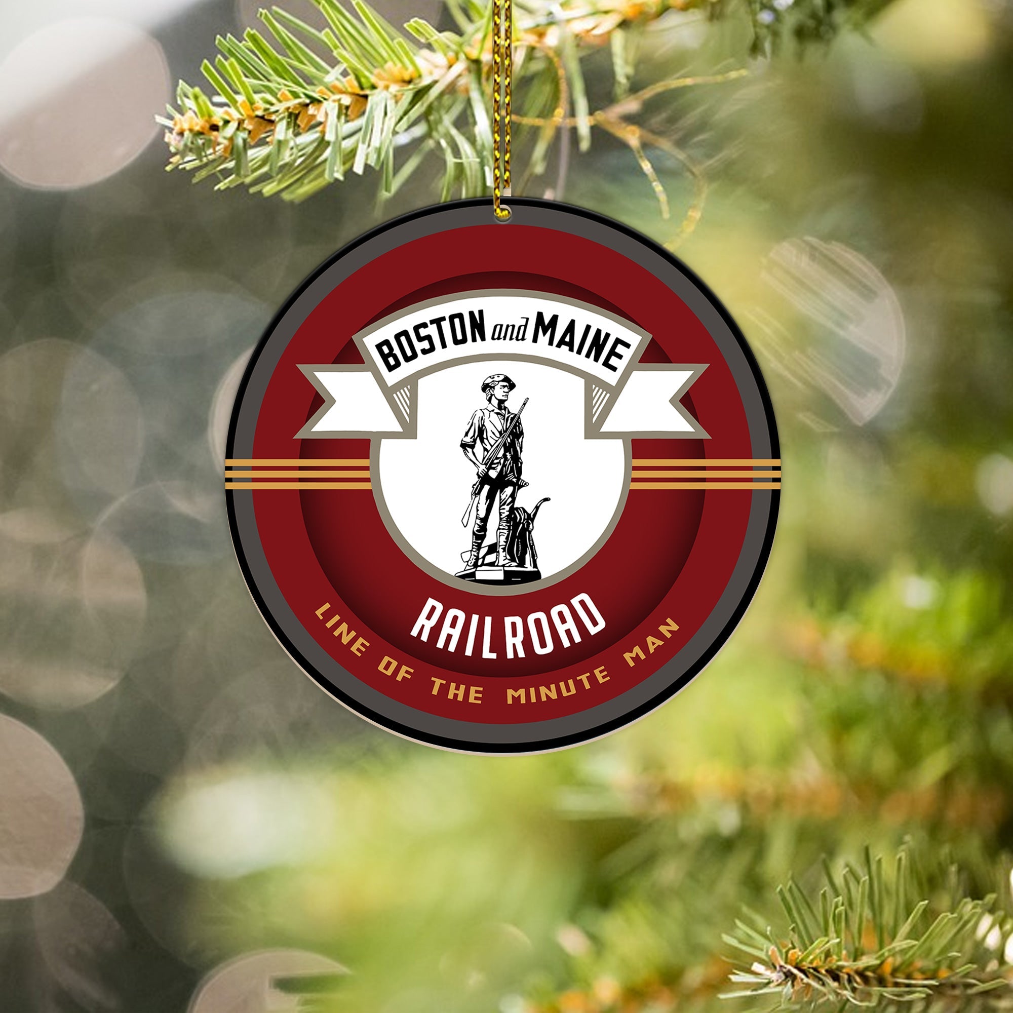 Boston and Maine Railroad Ornament, Vintage Train Logo Round Christmas Tree Decoration for Railway Enthusiasts