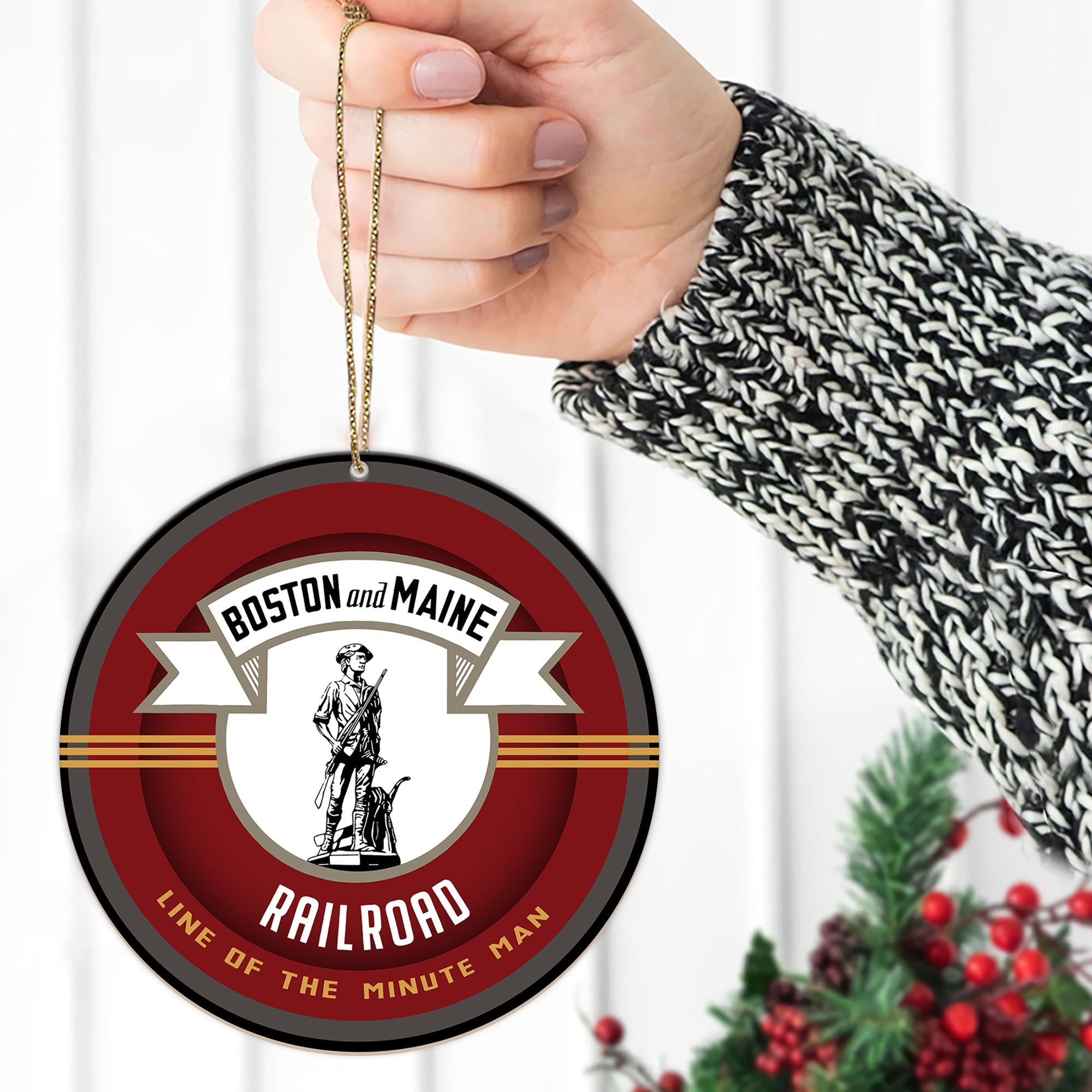 Boston and Maine Railroad Ornament, Vintage Train Logo Round Christmas Tree Decoration for Railway Enthusiasts