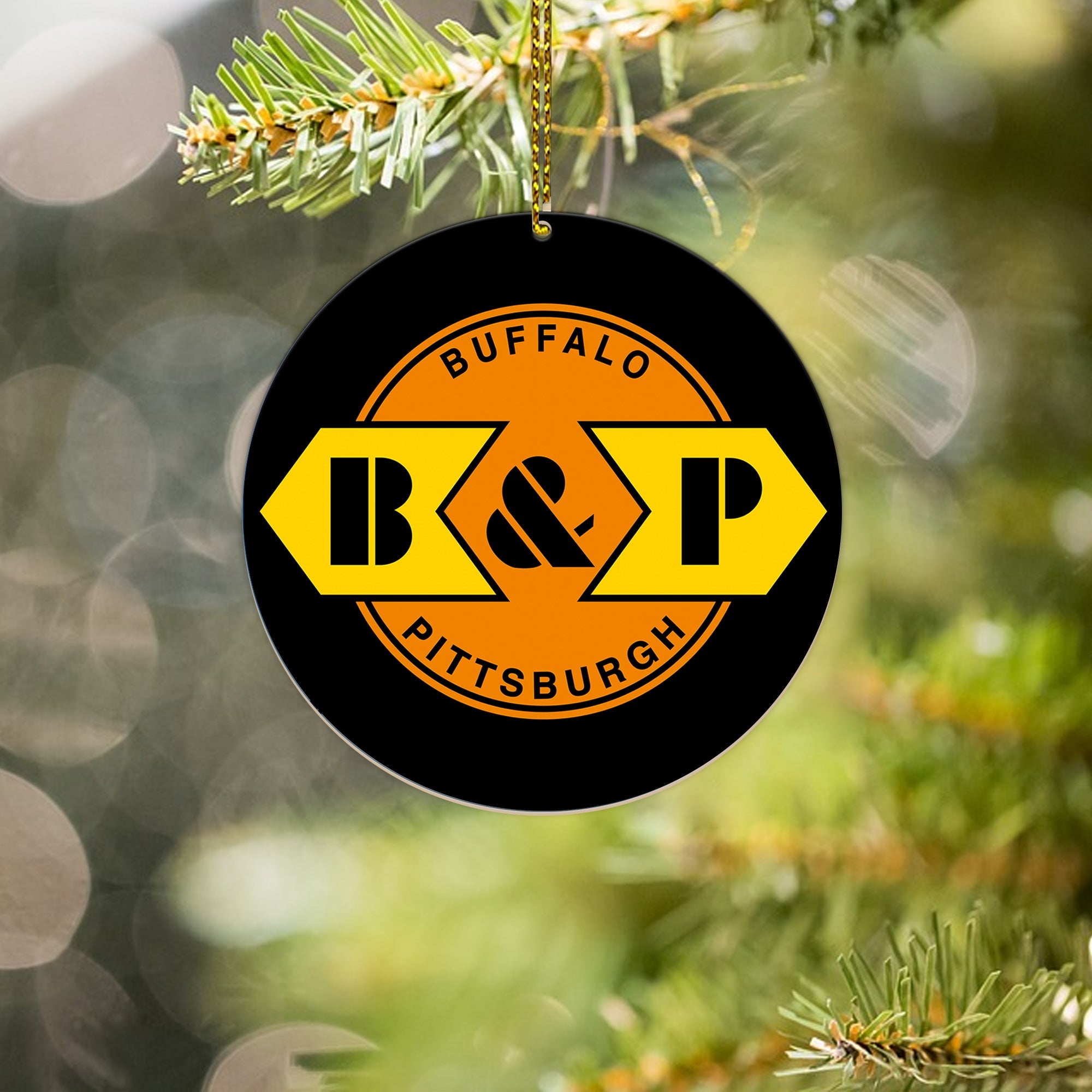 B & P Ornament, Vintage Train Logo Round Christmas Tree Decoration for Railway Enthusiasts