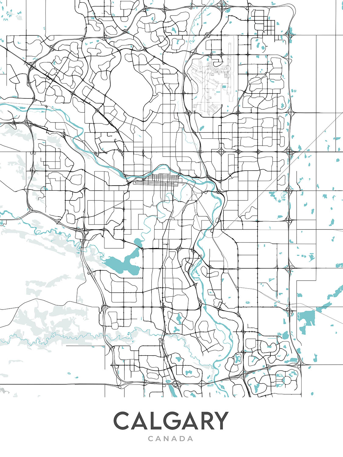 Modern City Map of Calgary, AB: Downtown, Calgary Tower, Prince's Island Park, Crowchild Trail, Glenmore Trail