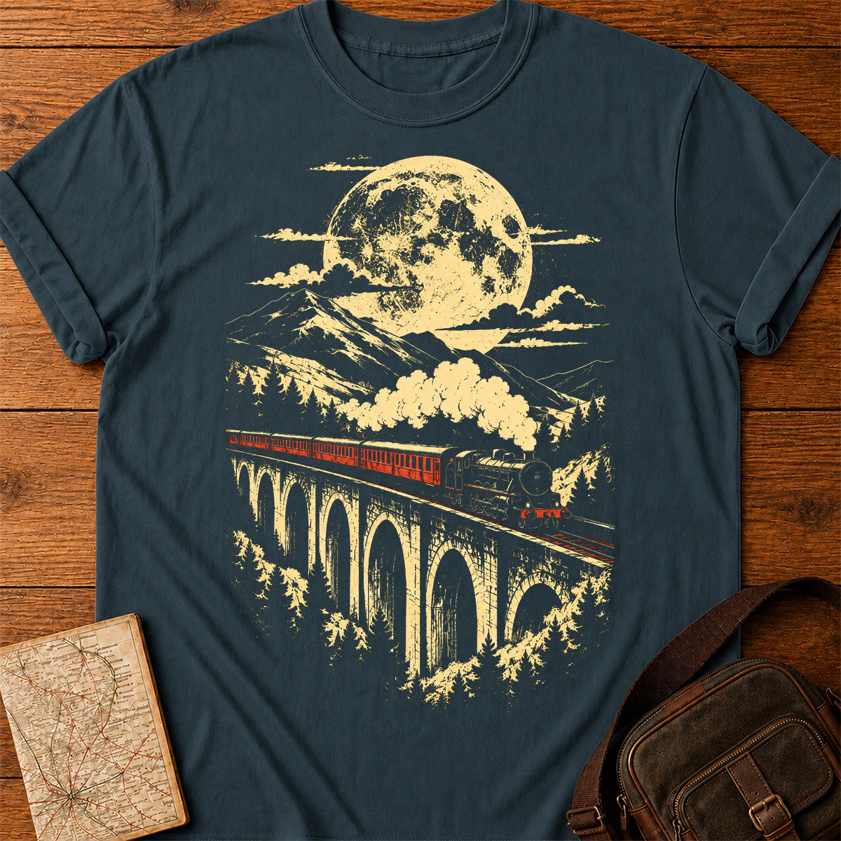 Golden Moonlight Red Train Silhouette T-shirt