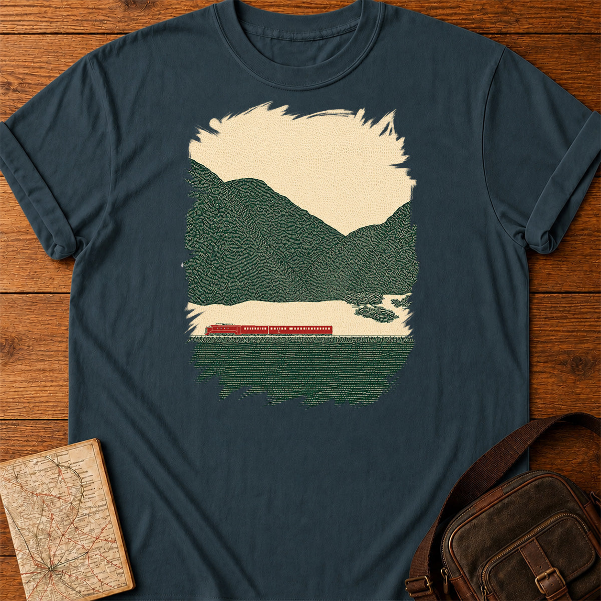 Lino Style Mountain Landscape Train T-shirt
