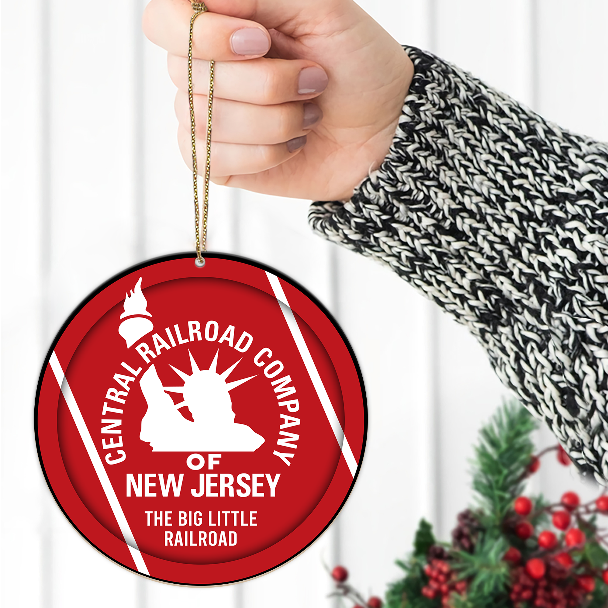 Central Railroad of New Jersey Ornament, CNJ Vintage Train Logo Round Christmas Decoration, Retro Railway Gift Idea