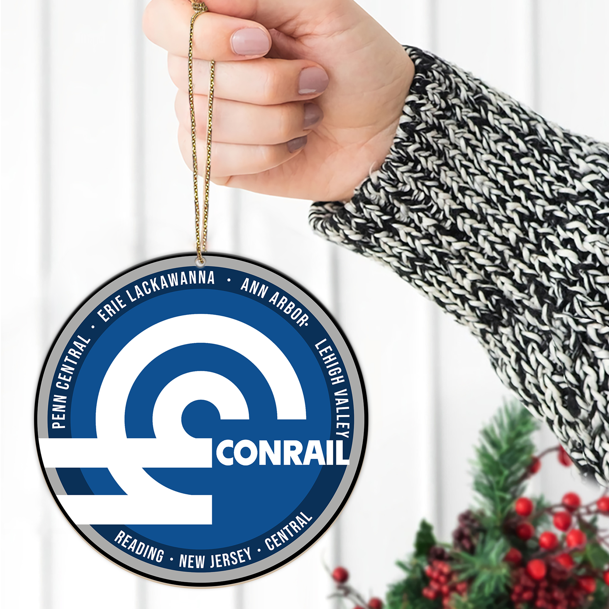 Conrail Railroad Ornament, Vintage Train Logo Round Christmas Tree Decoration, Retro Railway Gift for Train Lovers