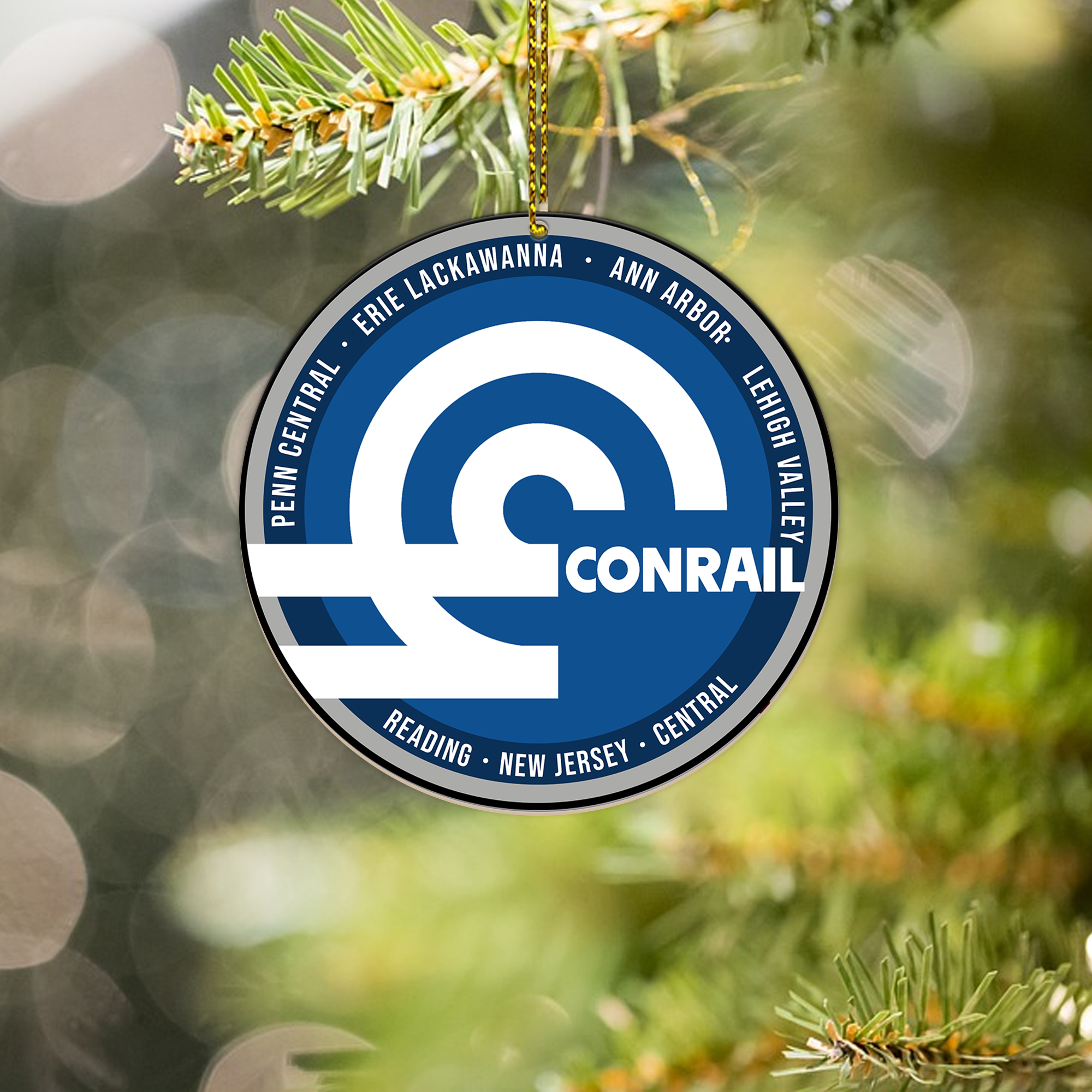 Conrail Railroad Ornament, Vintage Train Logo Round Christmas Tree Decoration, Retro Railway Gift for Train Lovers