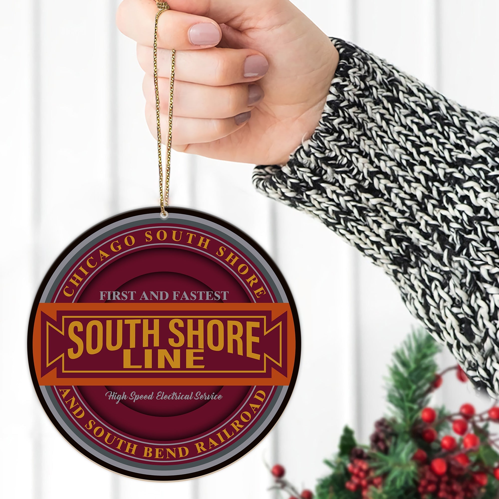 Chicago South Shore and South Bend Railroad Ornament, Vintage Train Logo Round Christmas Decoration, Railway Gift