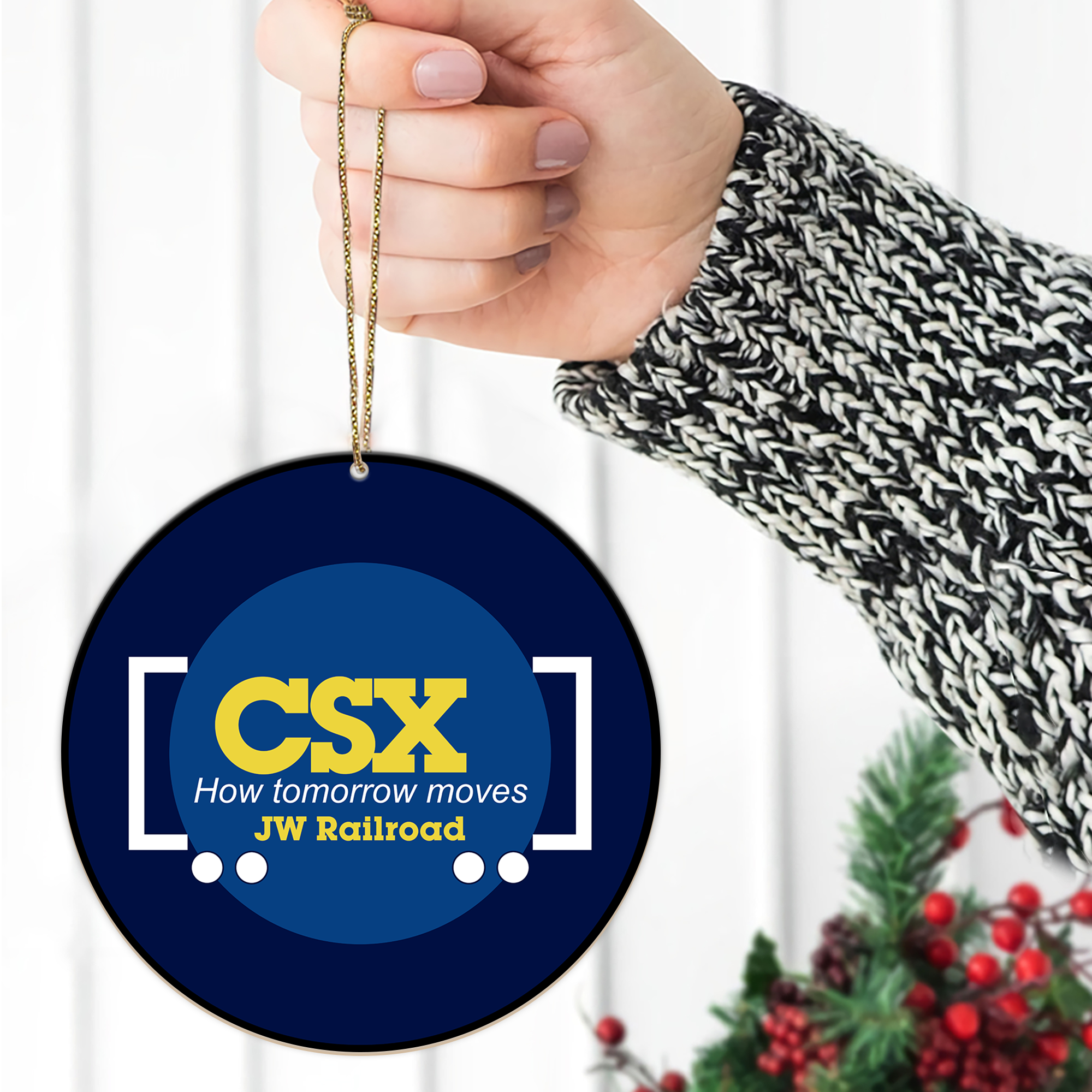 CSX Railroad Ornament, Vintage Train Logo Round Christmas Tree Decoration, Retro Railway Gift for Train Collectors