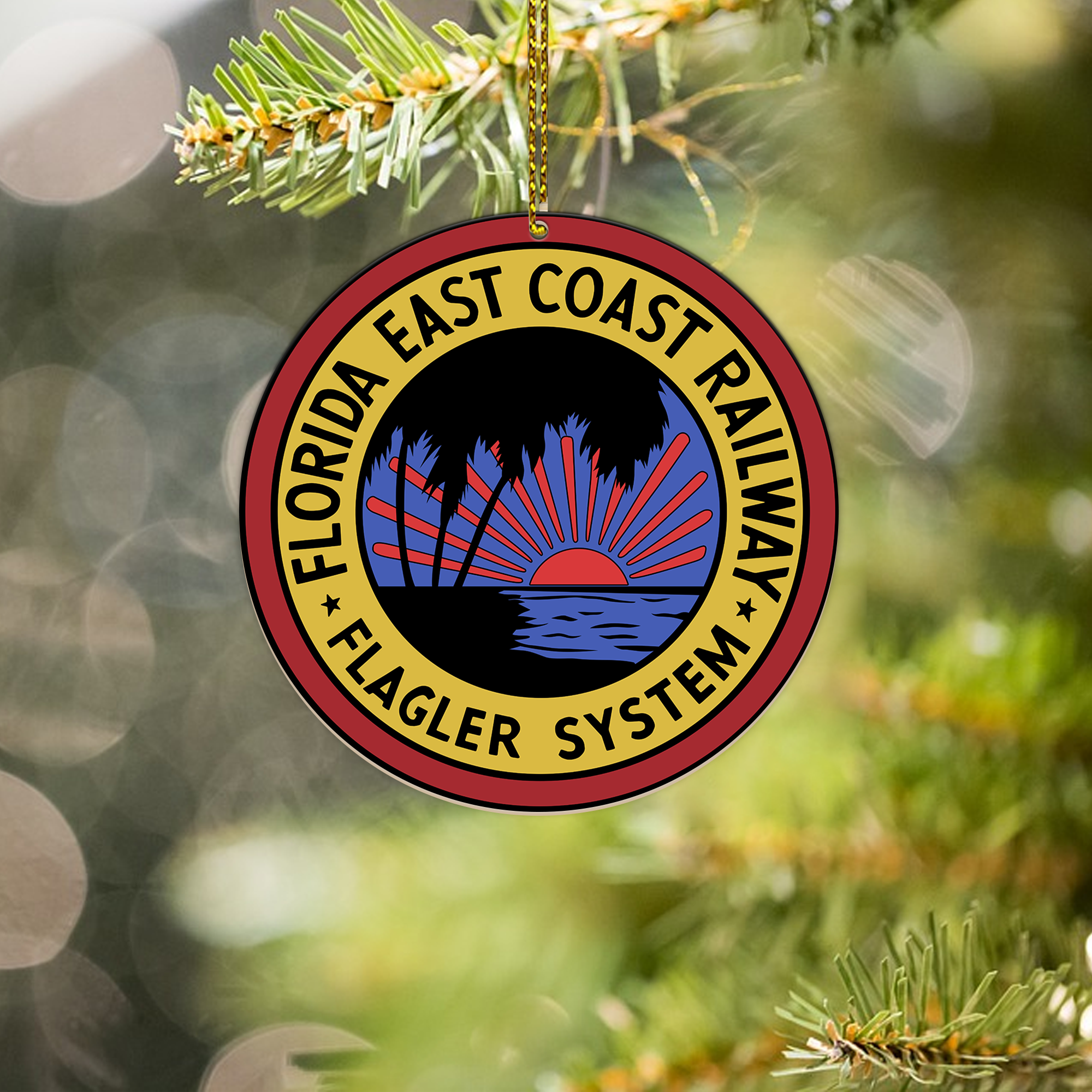 Florida East Coast Railway Ornament, Vintage Train Logo Round Christmas Tree Decoration, Retro Railway Gift Idea