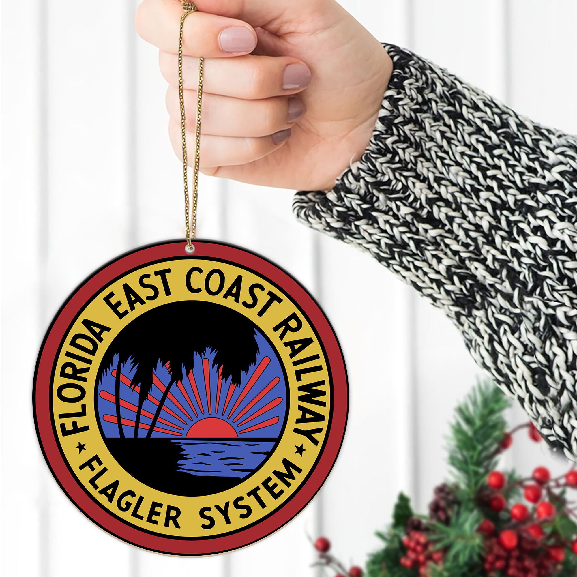 Florida East Coast Railway Ornament, Vintage Train Logo Round Christmas Tree Decoration, Retro Railway Gift Idea