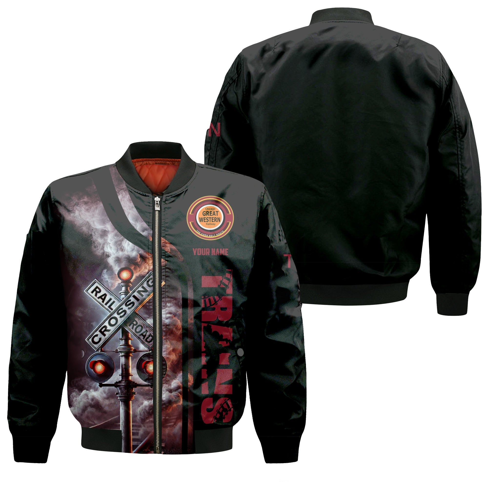 Railspirit Personalized Chicago Great Western Railroad Bomber Jacket Railroad Crossing Sign Train Bomber All Over Print