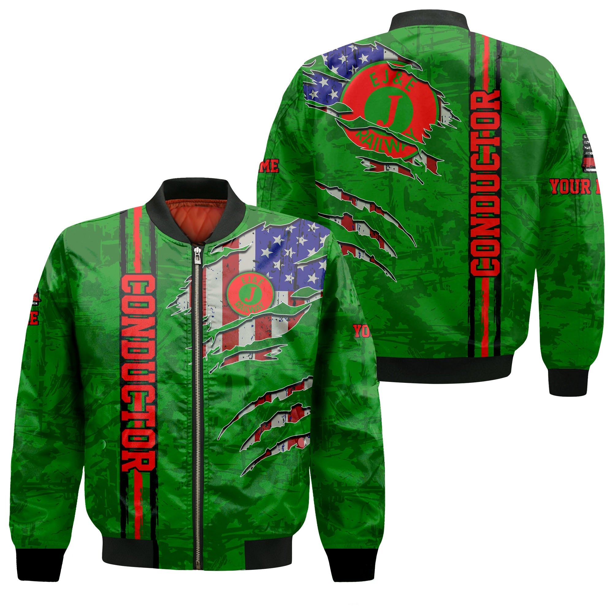 Railspirit Personalized Elgin Joliet And Eastern Railroad Bomber Jacket USA Flag Claw Art with Custom Job Train Jacket