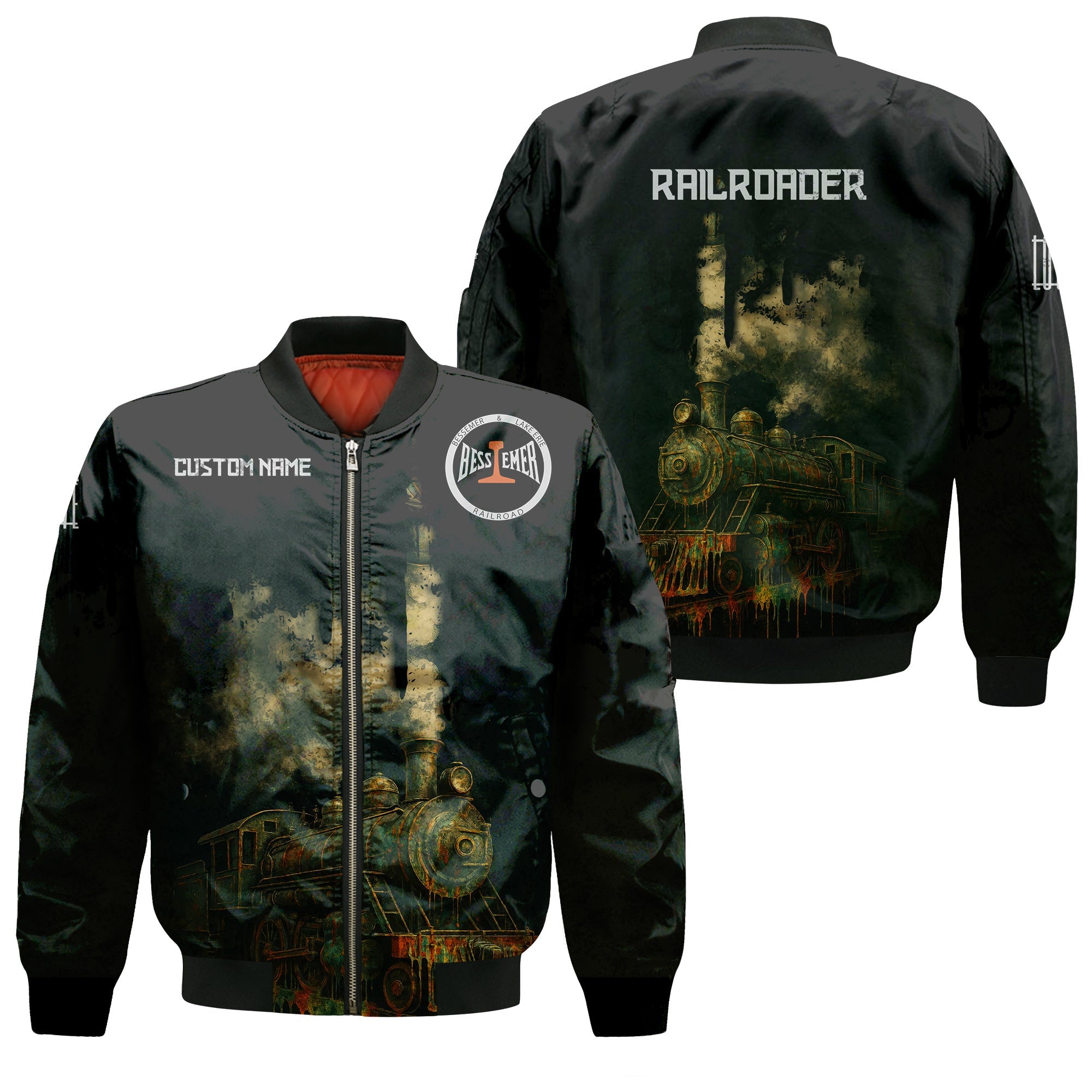 Railspirit Personalized Bessemer And Lake Erie Railroad Bomber Jacket Vintage Train Art Style Bomber For Locomotive Fans