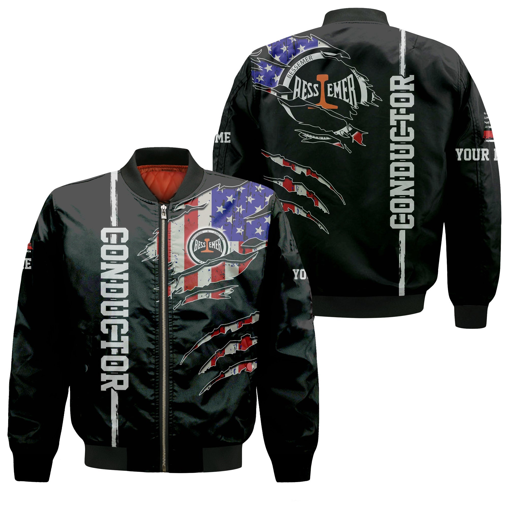 Railspirit Personalized Bessemer And Lake Erie Railroad Bomber Jacket USA Flag Claw Art with Custom Job Train Jacket