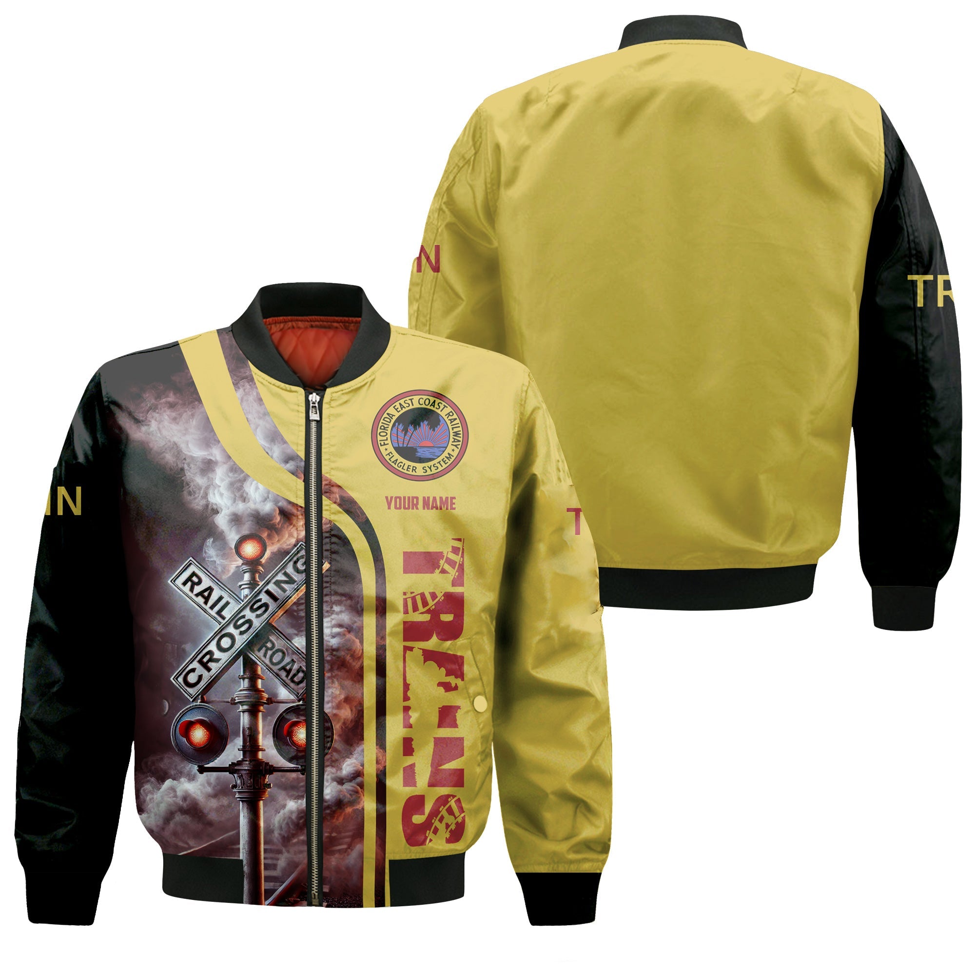 Railspirit Personalized Florida East Coast Railway Bomber Jacket Railroad Crossing Sign Train Bomber All Over Print