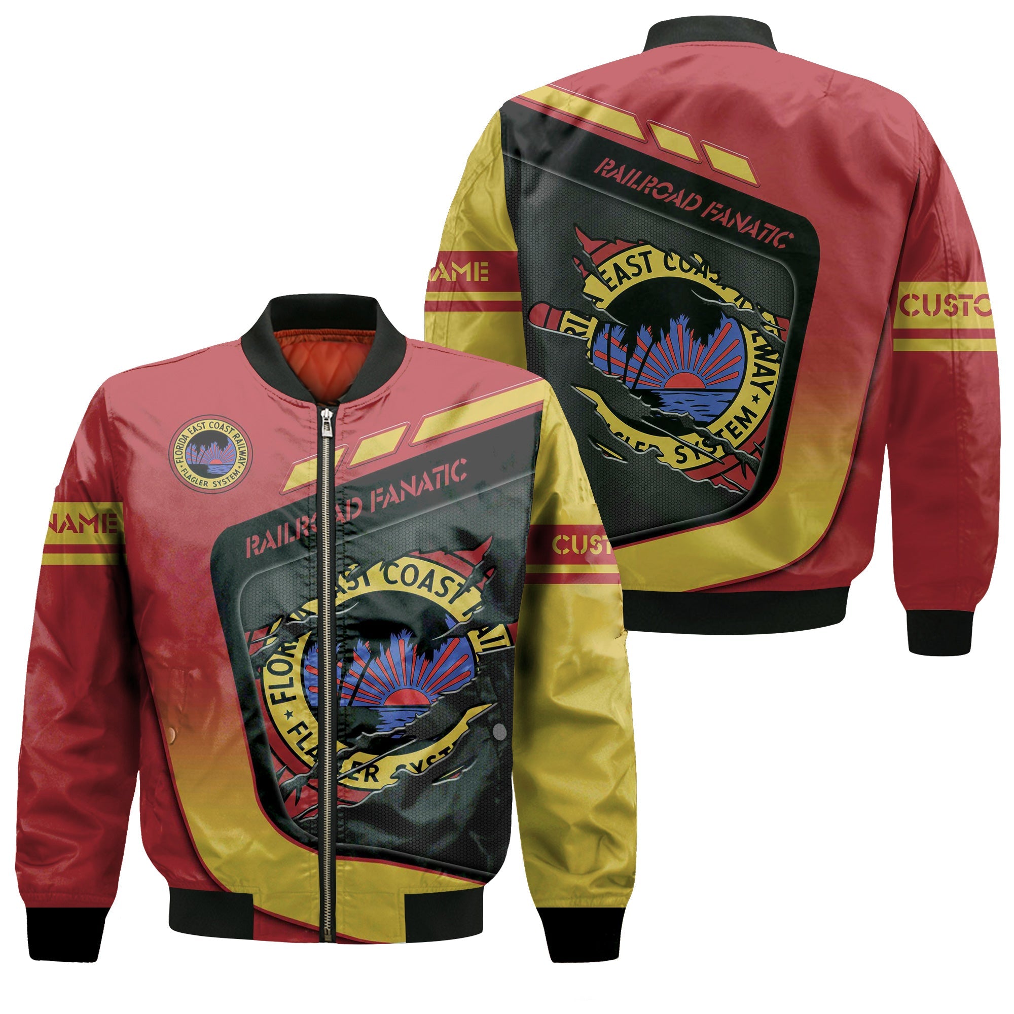 Railspirit Personalized Florida East Coast Railway Bomber Jacket Ripped Texture Style Train Jacket For Railroad Fanatic
