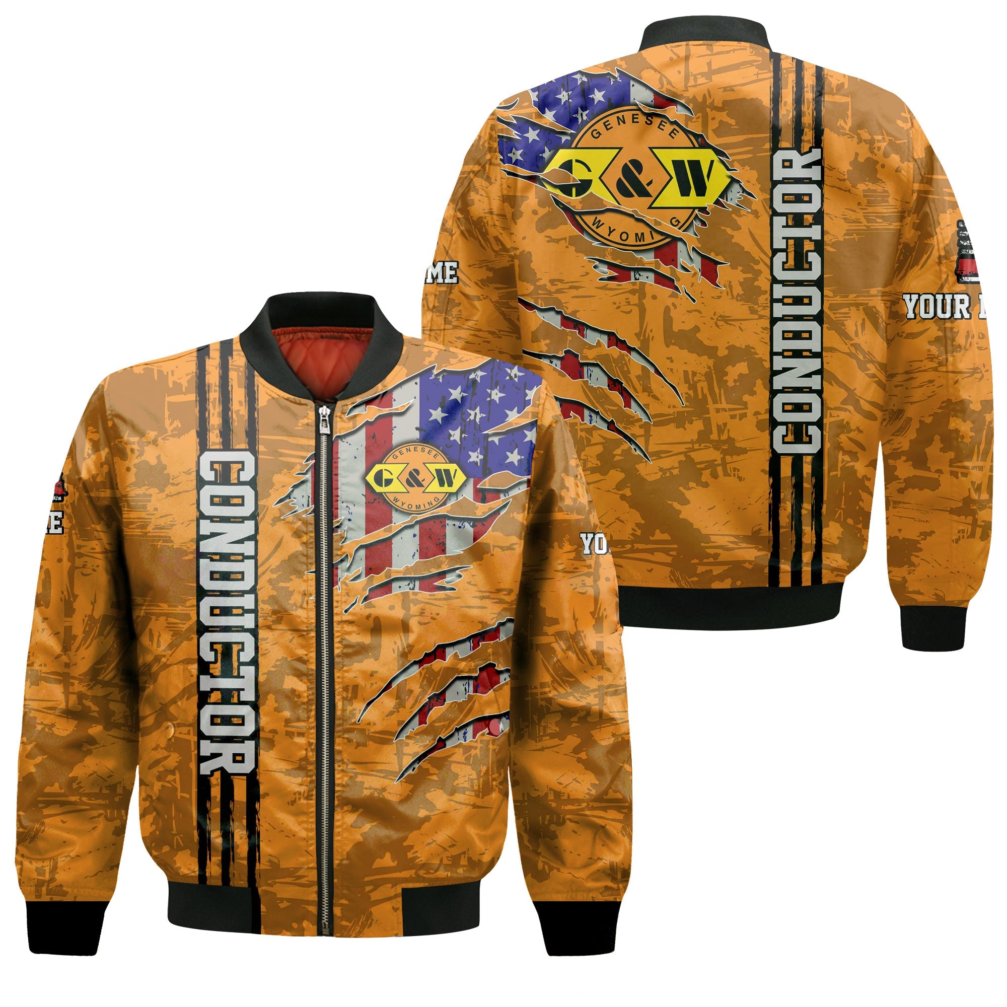 Railspirit Personalized Genesee & Wyoming Inc. Railroad Bomber Jacket USA Flag Claw Art with Custom Job Train Jacket