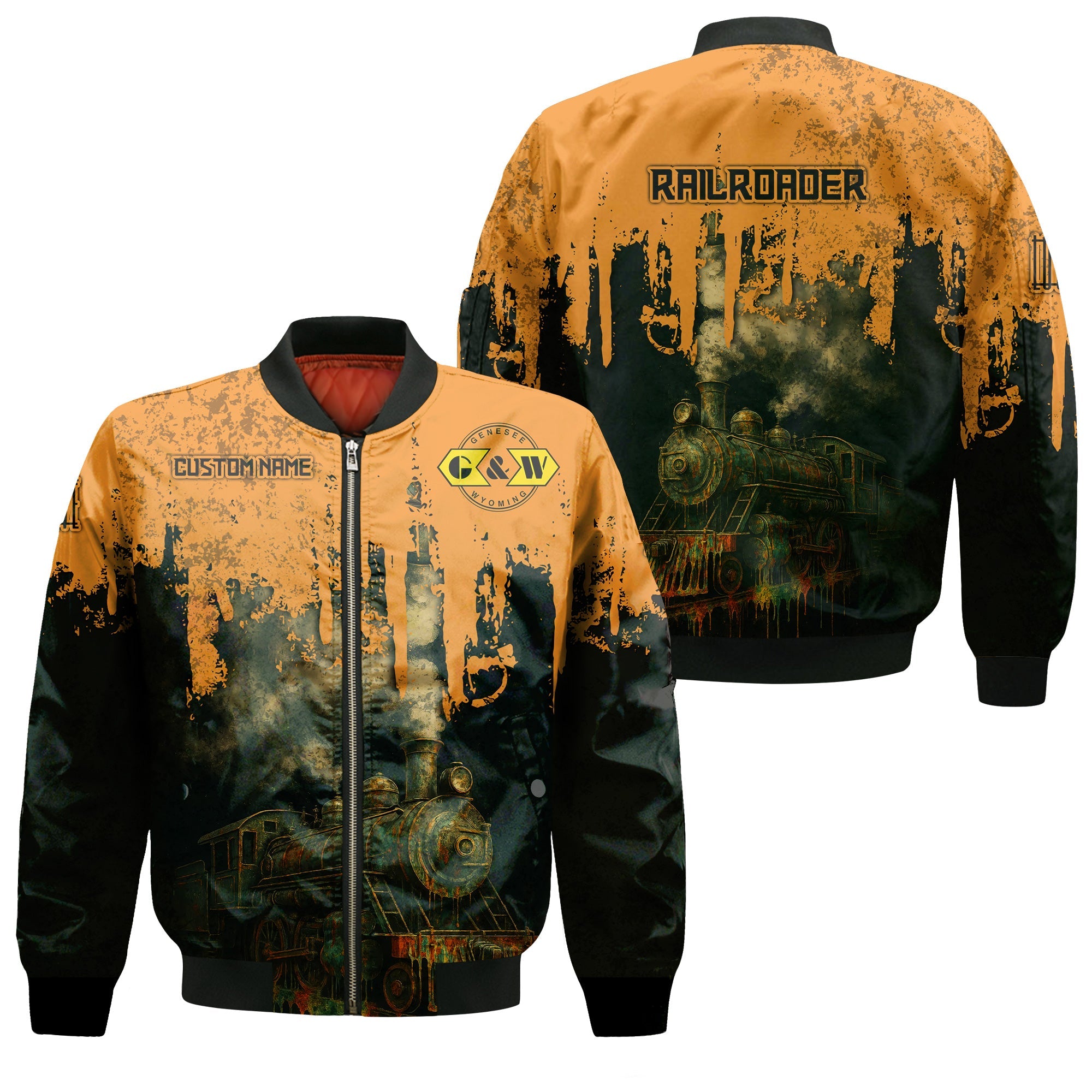 Railspirit Personalized Genesee & Wyoming Inc. Railroad Bomber Jacket Vintage Train Art Style Bomber For Locomotive Fans