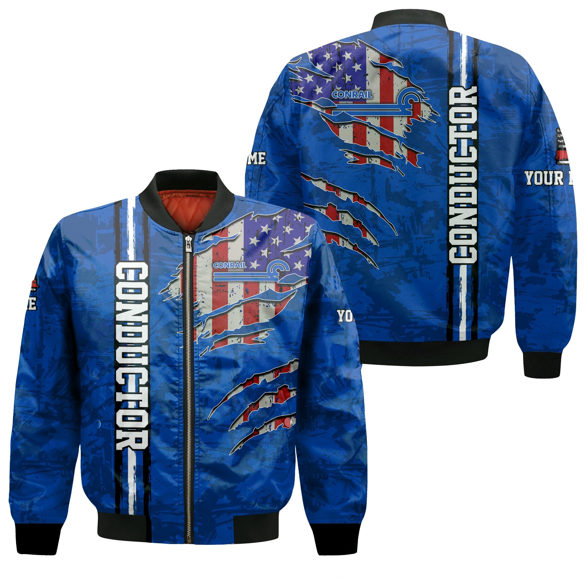 Railspirit Personalized Conrail Railroad Bomber Jacket USA Flag Claw Art with Custom Job Train Jacket