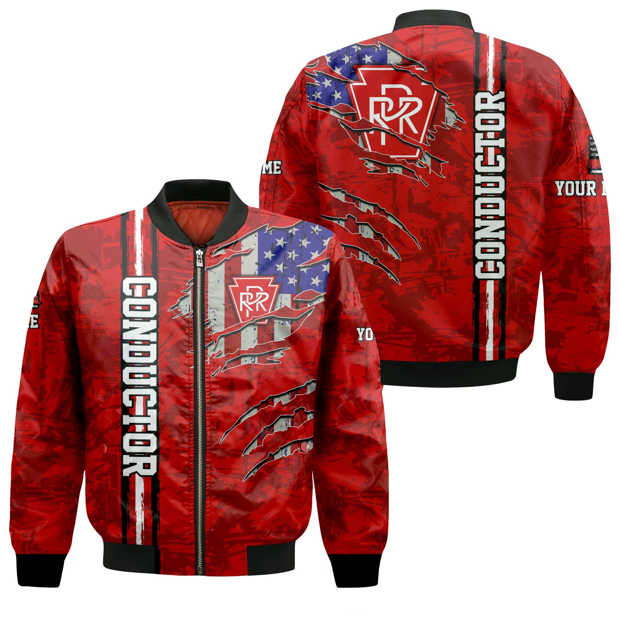 Railspirit Personalized Pennsylvania Railroad Bomber Jacket USA Flag Claw Art with Custom Job Train Jacket