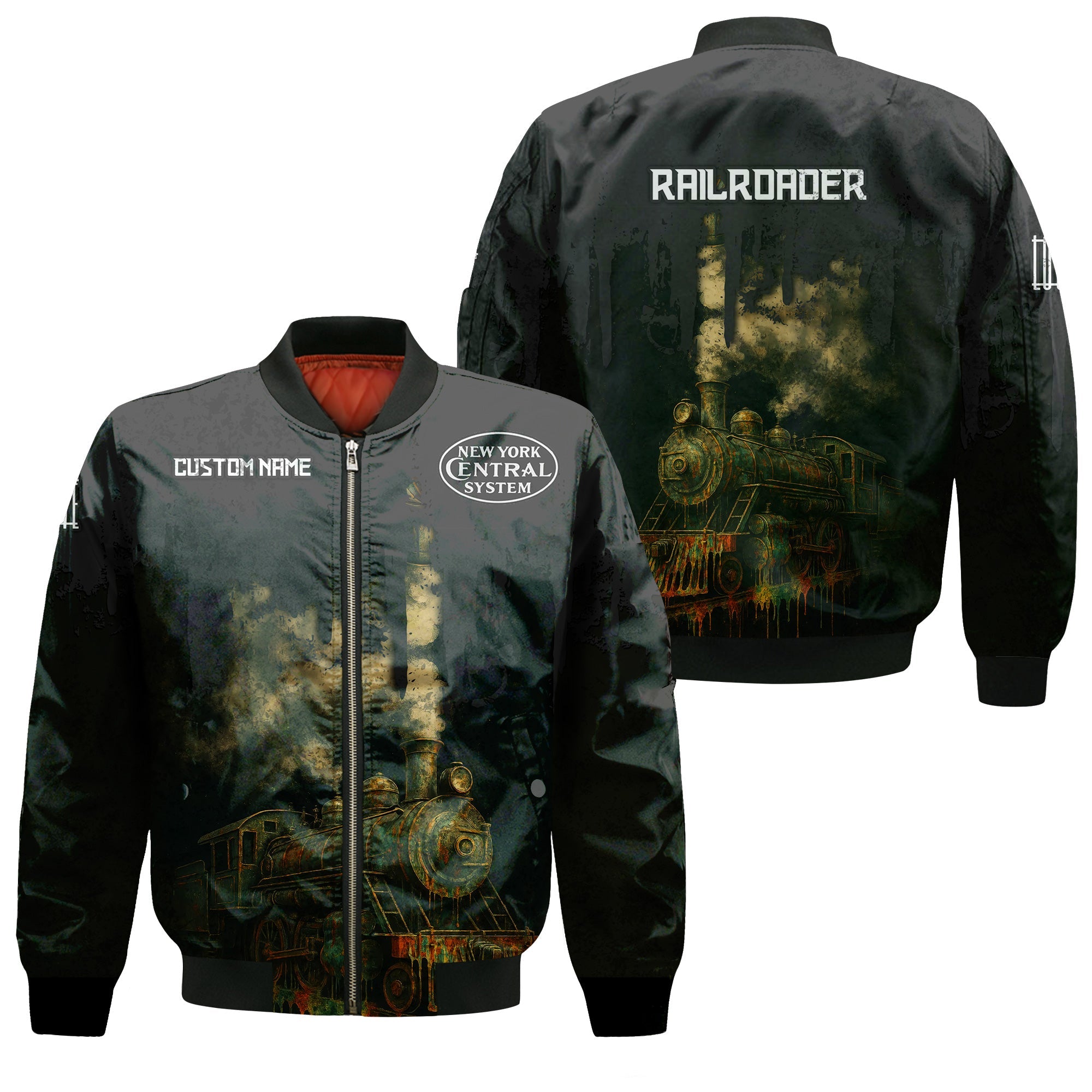 Railspirit Personalized New York Central Railroad Bomber Jacket Vintage Train Art Style Bomber For Locomotive Fans