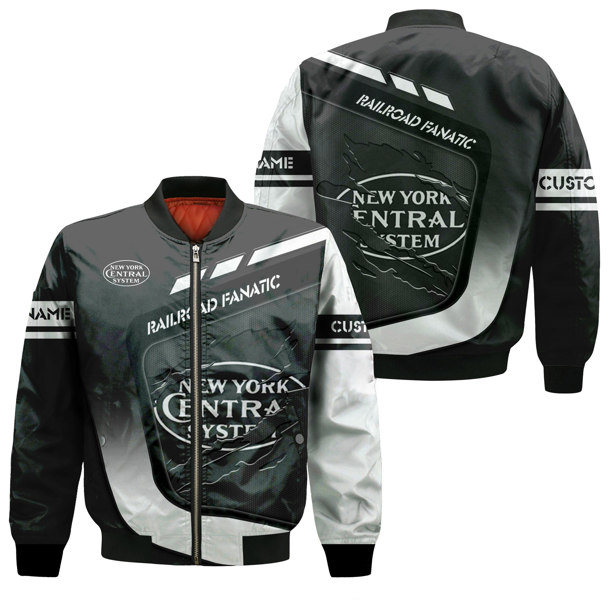 Railspirit Personalized New York Central Railroad Bomber Jacket Ripped Texture Style Train Jacket For Railroad Fanatic