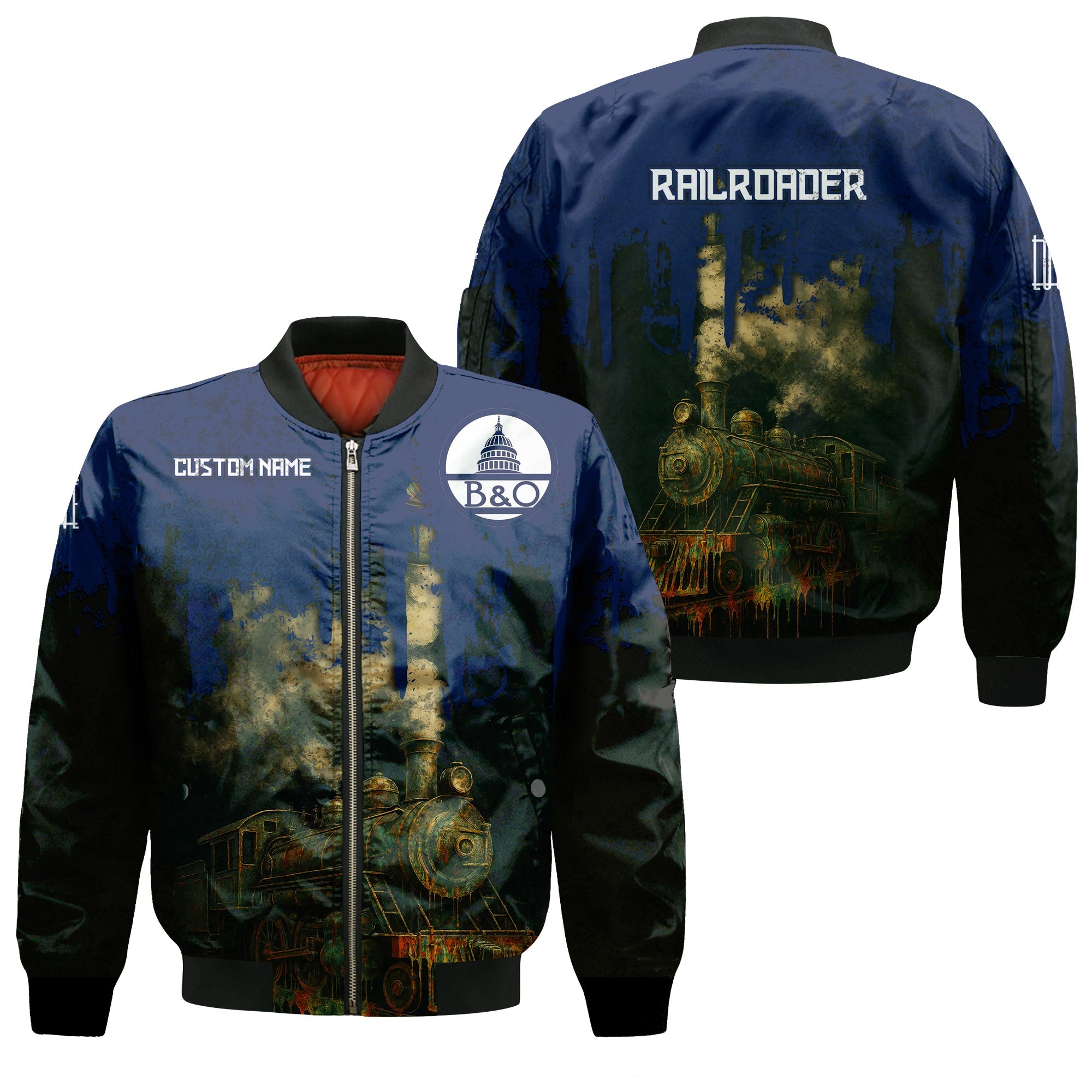 Railspirit Personalized Baltimore and Ohio Railroad Bomber Jacket Vintage Train Art Style B&O Bomber For Locomotive Fans