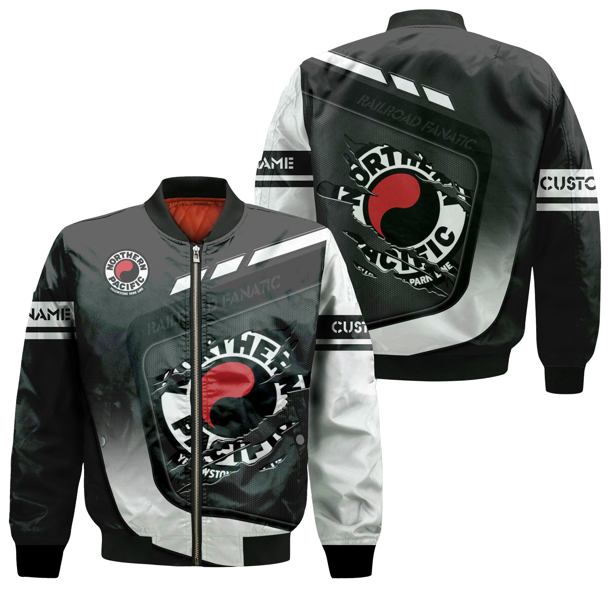Railspirit Personalized Northern Pacific Railway Bomber Jacket Ripped Texture Style Train Jacket For Railroad Fanatic