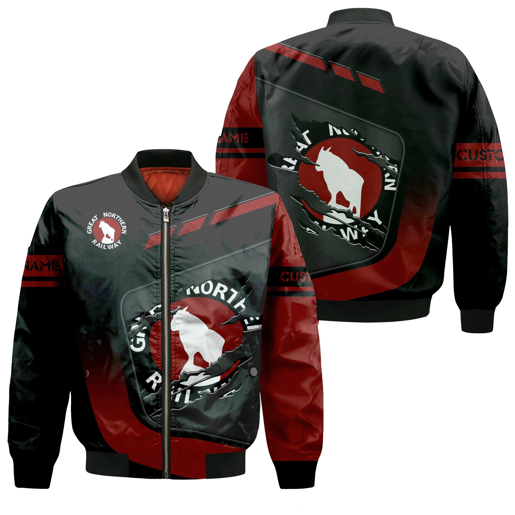 Railspirit Personalized Great Northern Railway Bomber Jacket Ripped Texture Style GNR Train Jacket For Railroad Fanatic