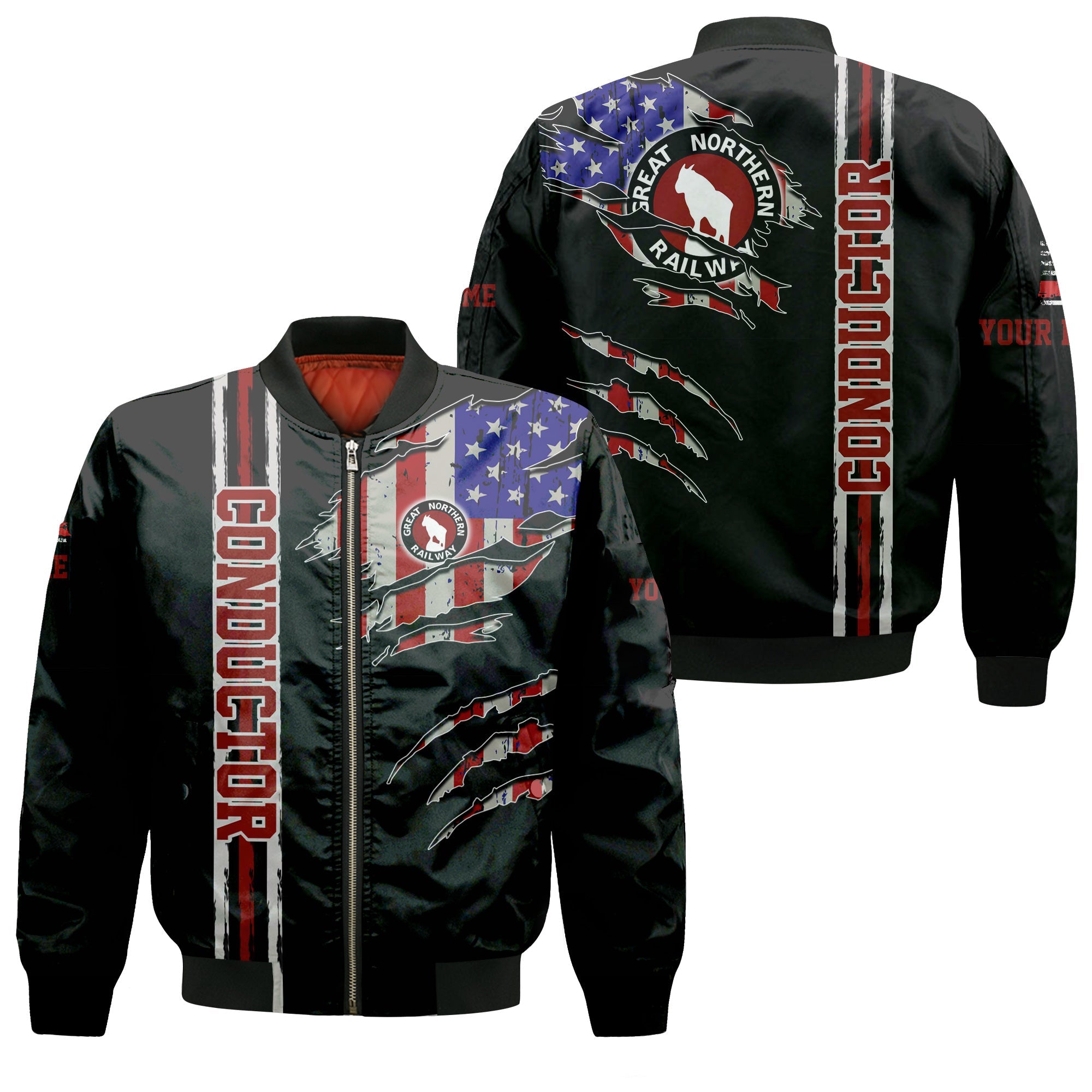 Railspirit Personalized Great Northern Railway Bomber Jacket USA Flag Claw Art with Custom Job GNR Train Jacket