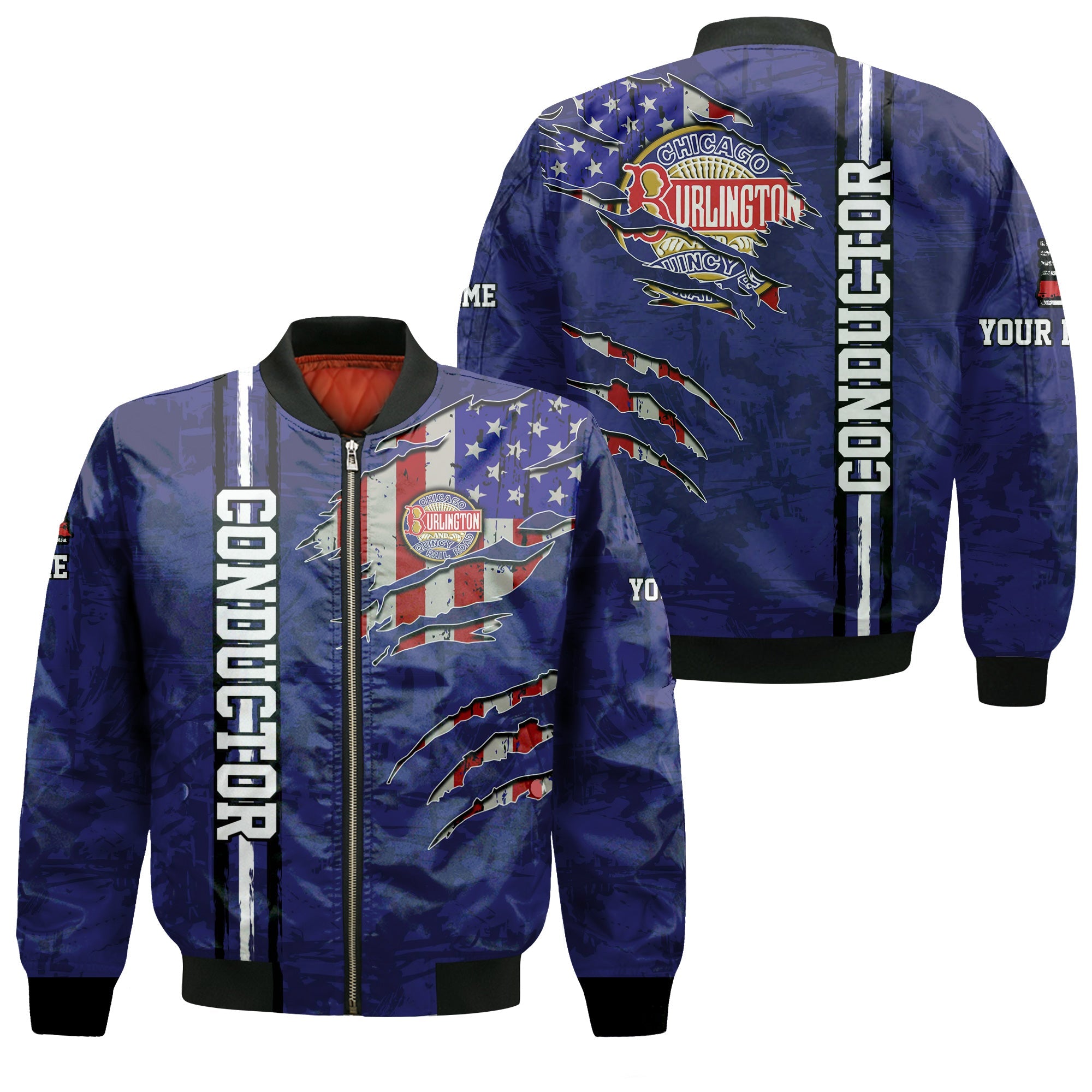 Railspirit Personalized Chicago, Burlington and Quincy Railroad Bomber Jacket USA Flag Claw Art with Custom Job Train Jacket
