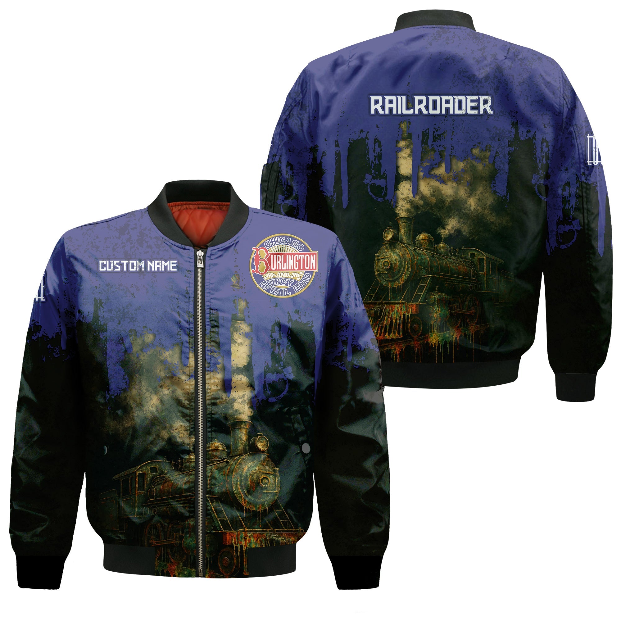 Railspirit Personalized Chicago, Burlington and Quincy Railroad Bomber Jacket Vintage Train Art Style Bomber For Locomotive Fans