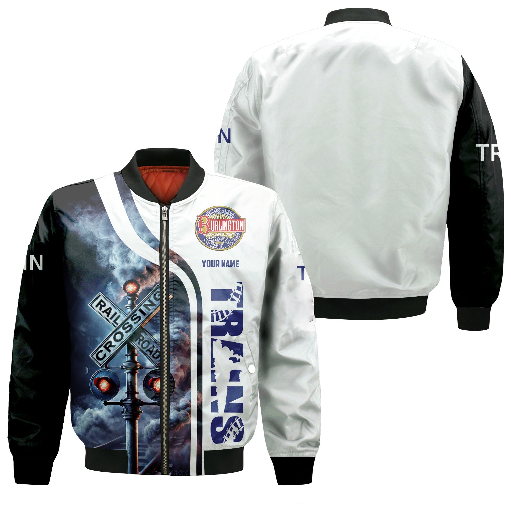 Railspirit Personalized Chicago, Burlington and Quincy Railroad Bomber Jacket Railroad Crossing Sign Train Bomber All Over Print