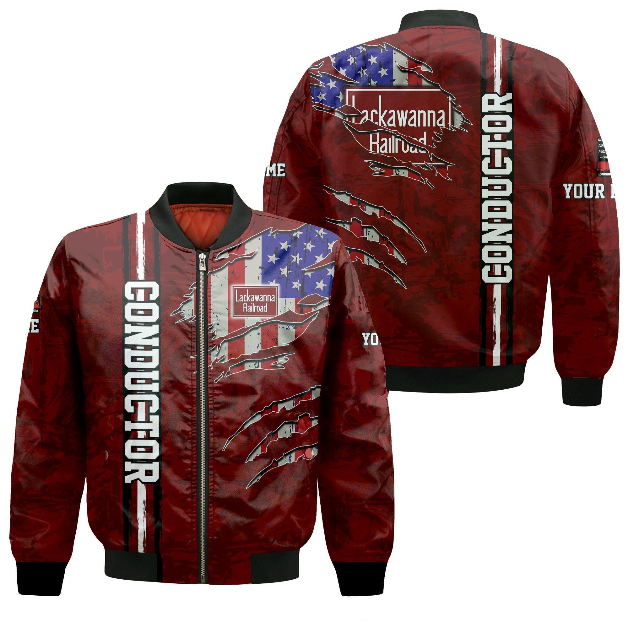 Railspirit Personalized Delaware, Lackawanna and Western Railroad Bomber Jacket USA Flag Claw Art with Custom Job DL&W Train Jacket