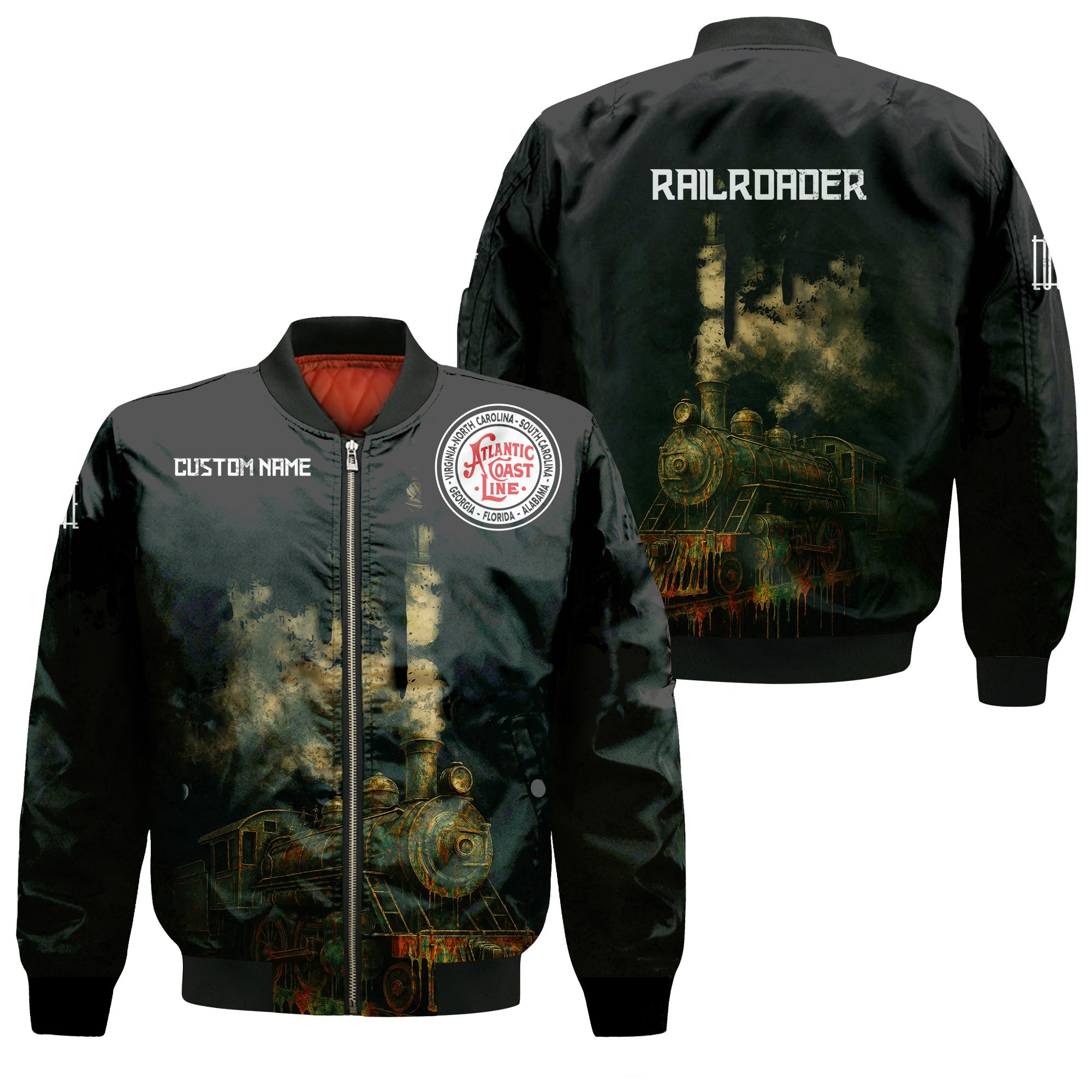 Railspirit Personalized Atlantic Coast Line Railroad Bomber Jacket Vintage Train Art Style Bomber For Locomotive Fans