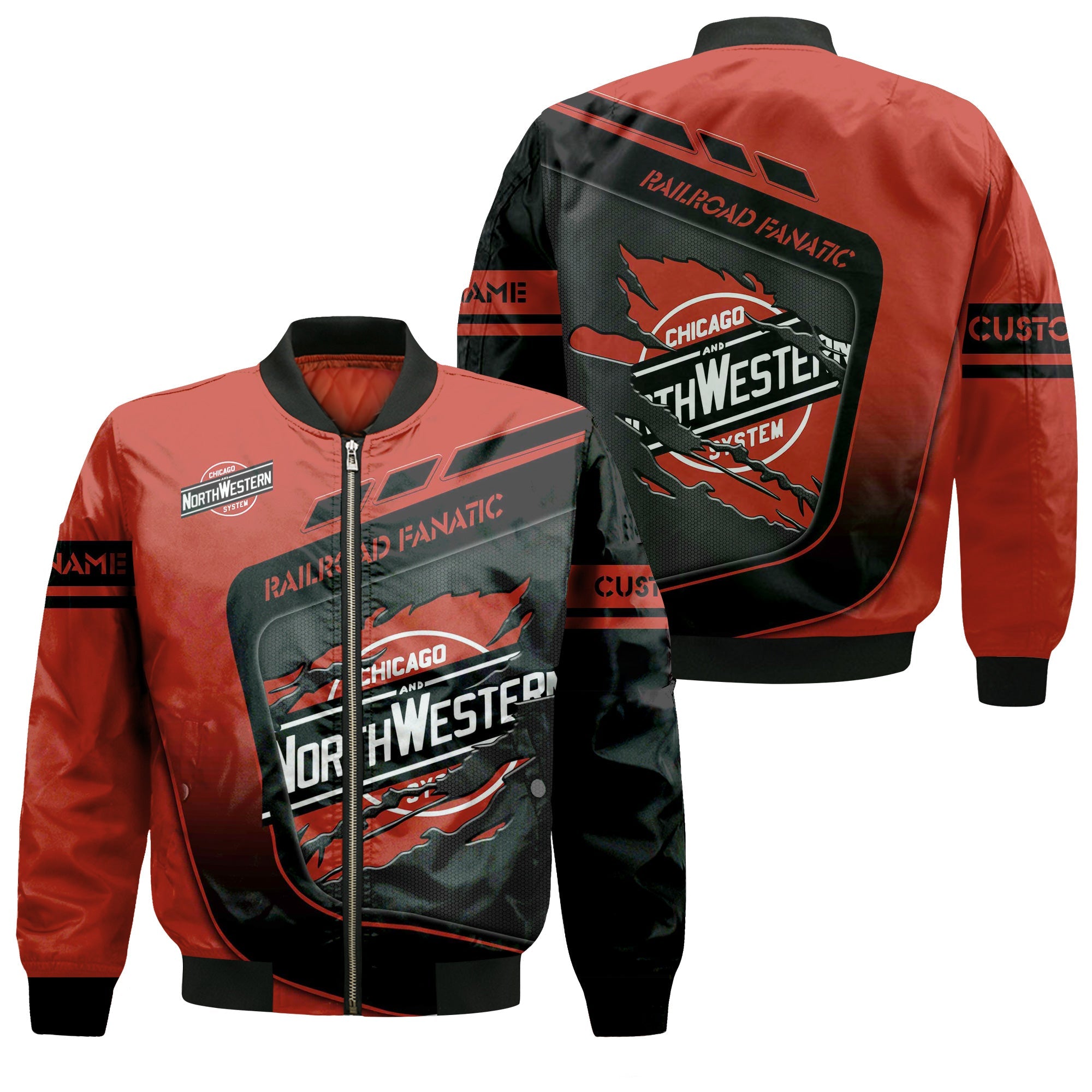 Railspirit Personalized Chicago and North Western Railway Bomber Jacket Ripped Texture Style Train Jacket For Railroad Fanatic