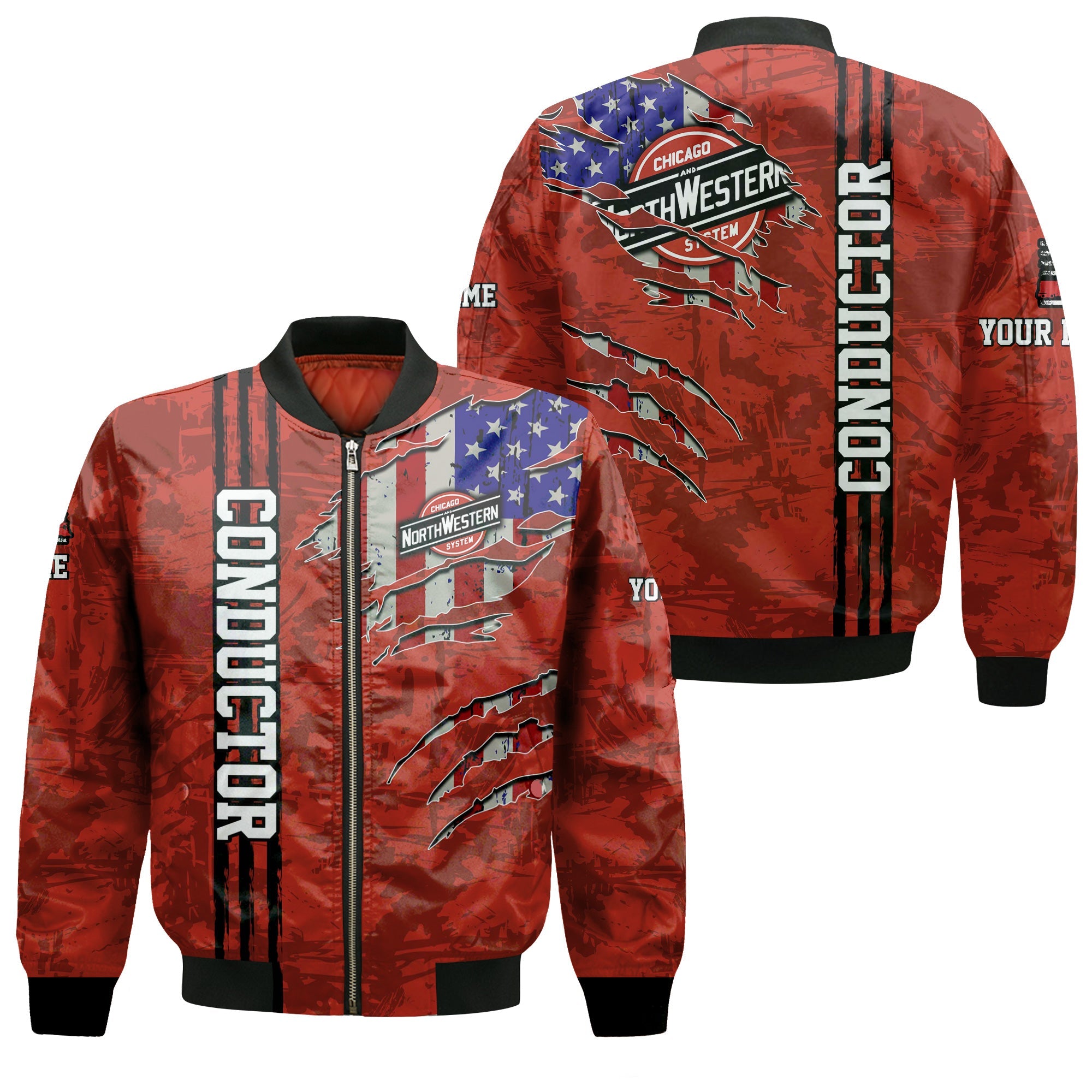 Railspirit Personalized Chicago and North Western Railway Bomber Jacket USA Flag Claw Art with Custom Job Train Jacket
