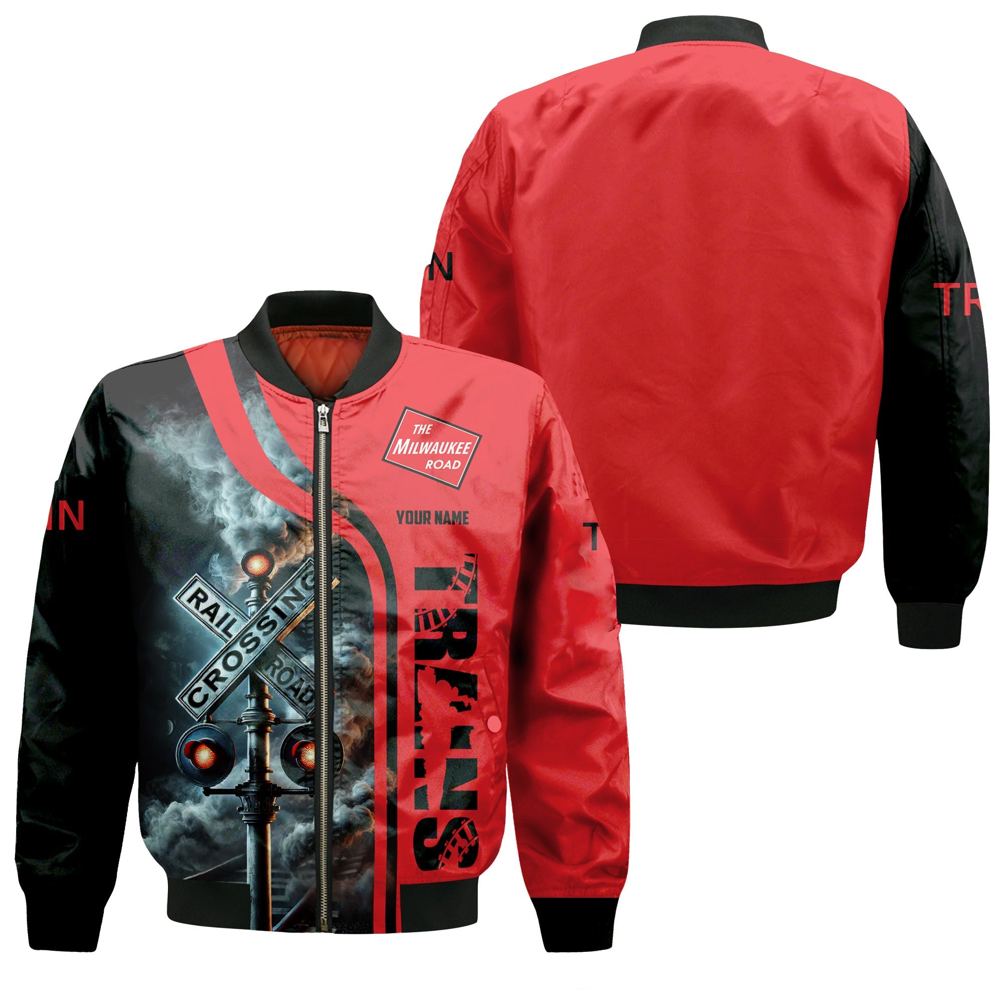 Railspirit Personalized Chicago, Milwaukee, St. Paul and Pacific Railroad Bomber Jacket Railroad Crossing Sign Milwaukee Road Train Bomber