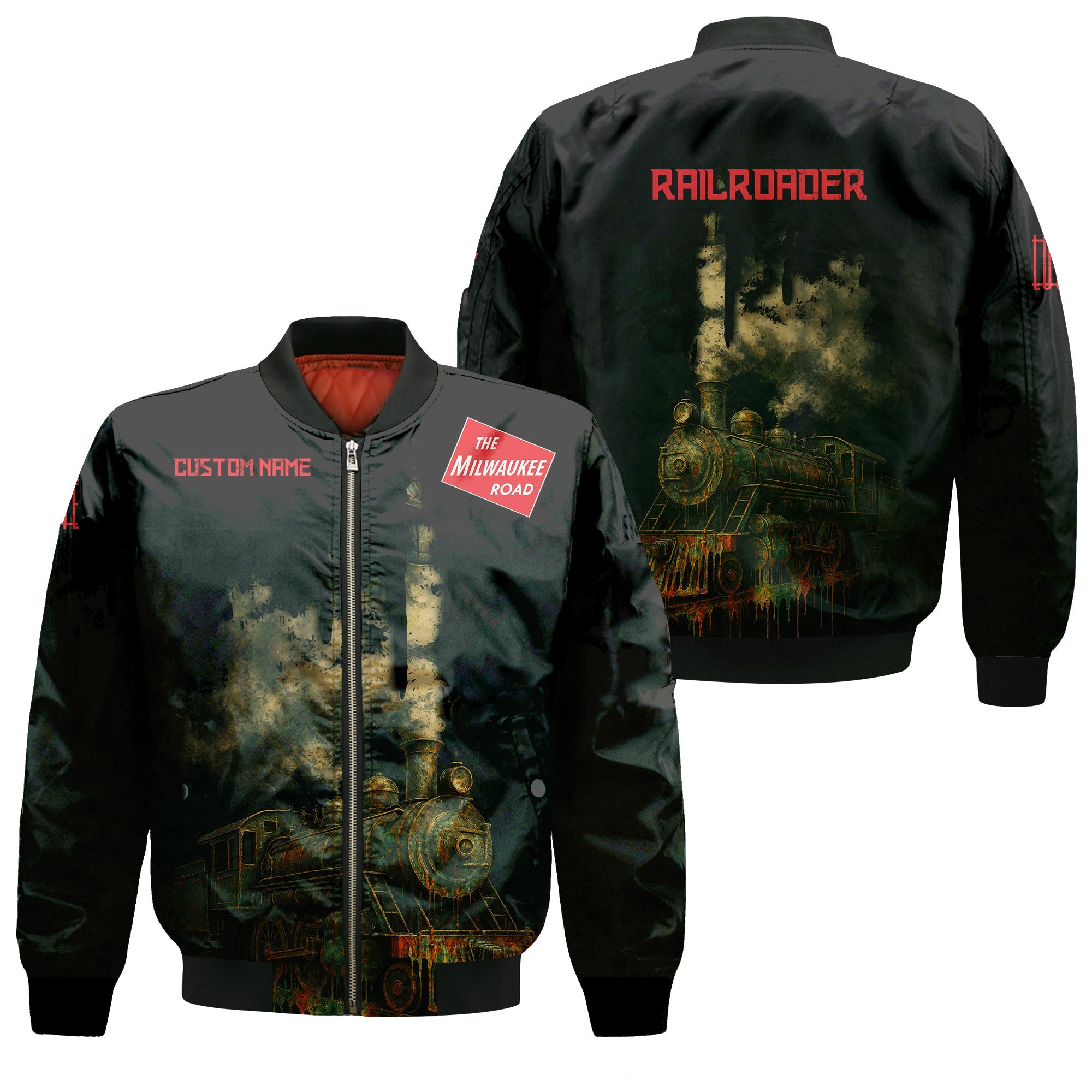 Railspirit Personalized Chicago, Milwaukee, St. Paul and Pacific Railroad Bomber Jacket Vintage Train Art Style Milwaukee Road Bomber